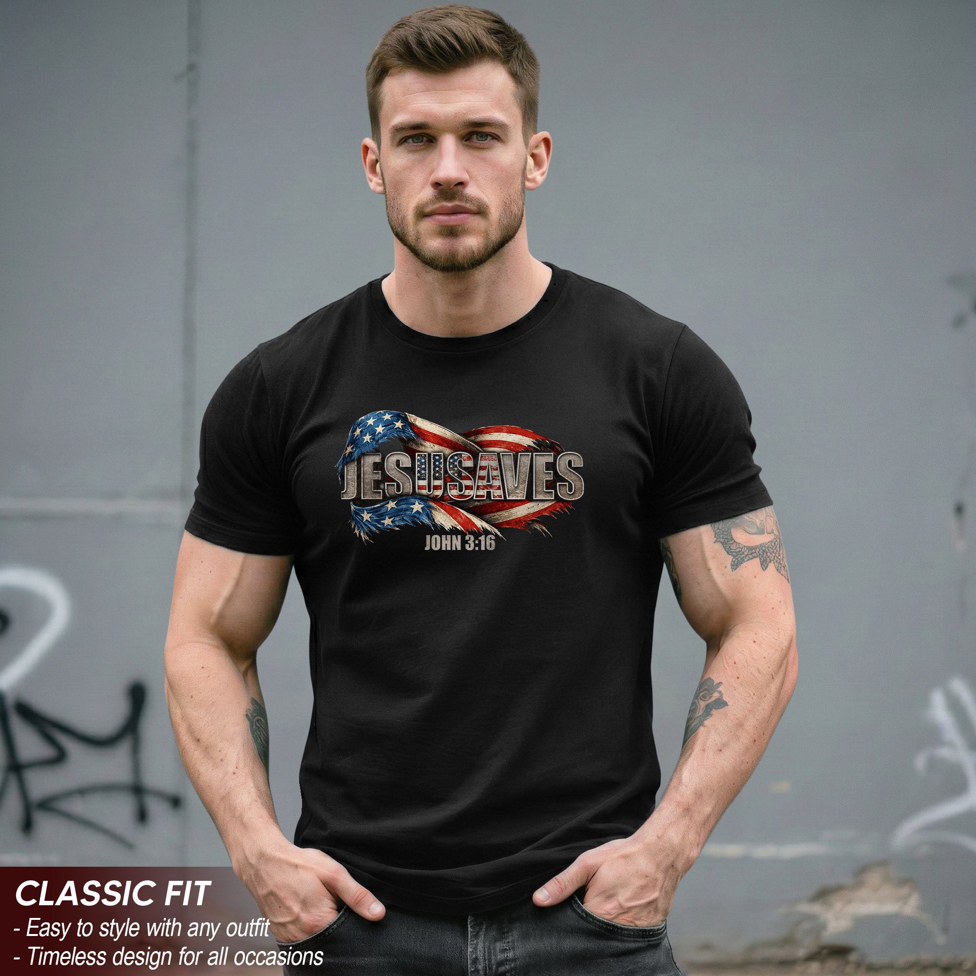 Distressed Flag JESUSAVES Graphic T Shirt John 3 16 Spiritual Patriotic Cotton Top