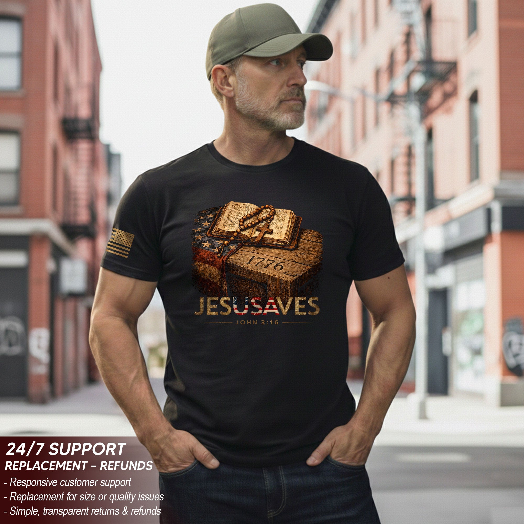 JESUSAVES 1776 Patriotic T-Shirt - Vintage American Flag Graphic Tee - Casual Apparel