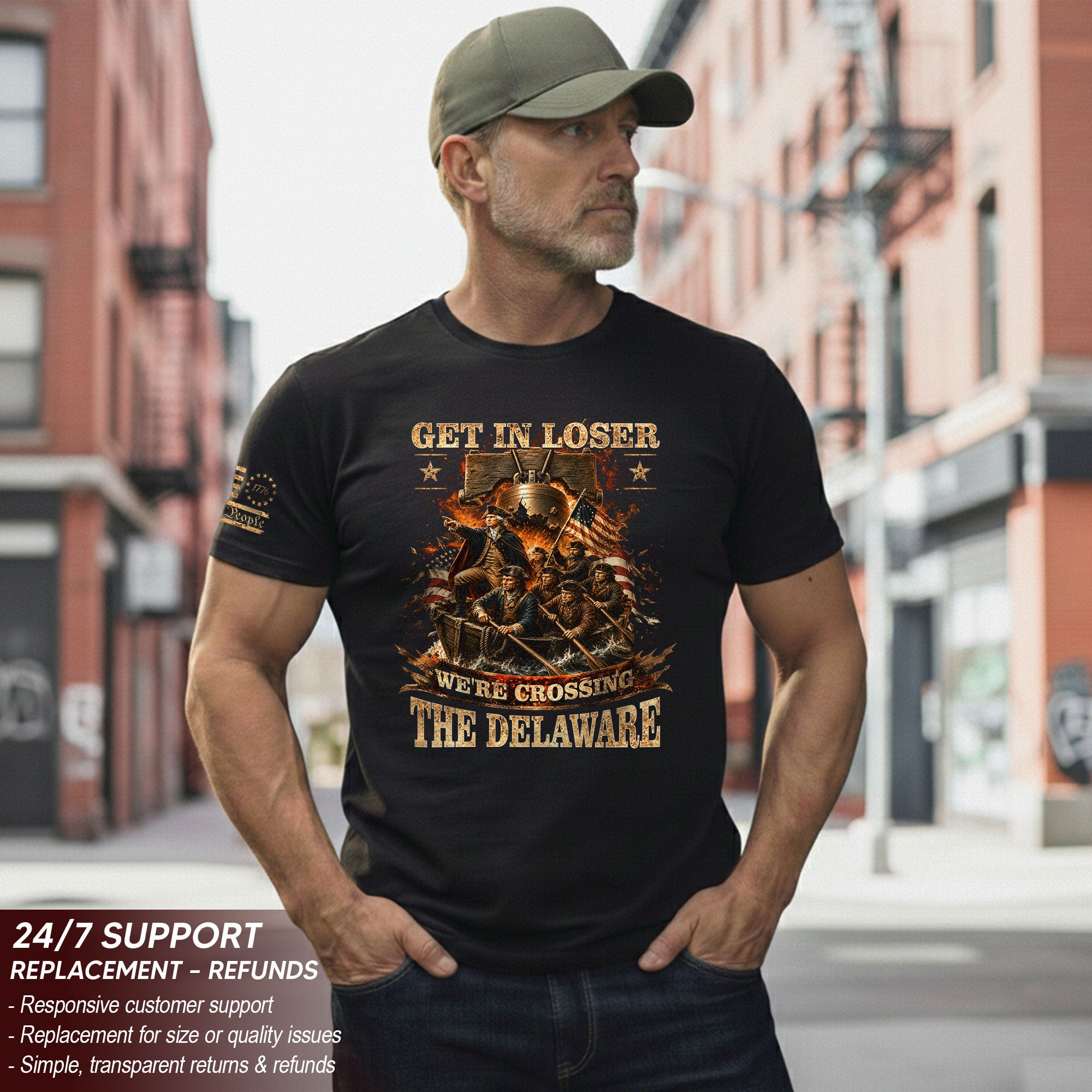 Get In Loser We're Crossing The Delaware T-Shirt Revolutionary War Patriotic Sleeve Tee