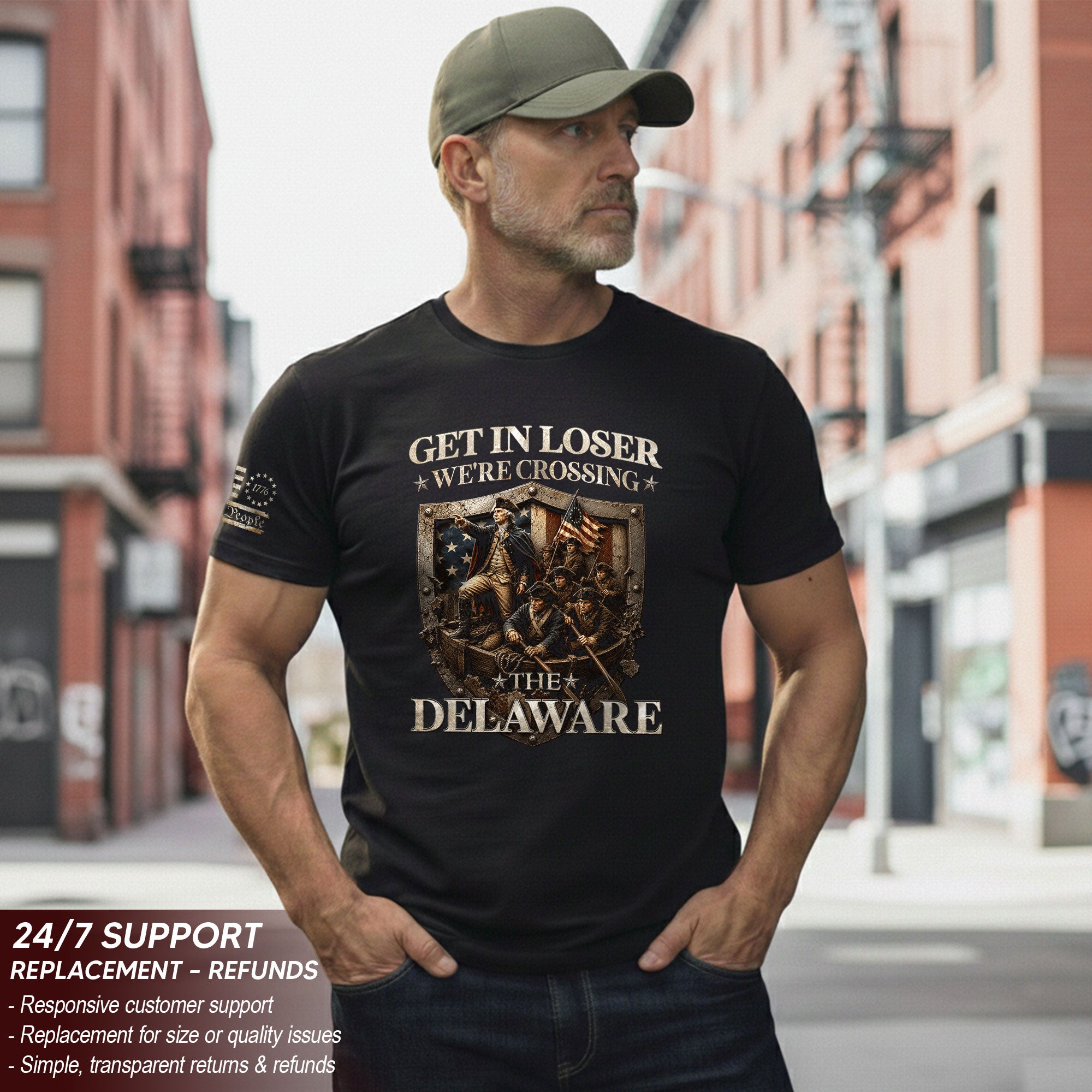 Get In Loser We're Crossing The Delaware George Washington Shield Patriotic T-Shirt