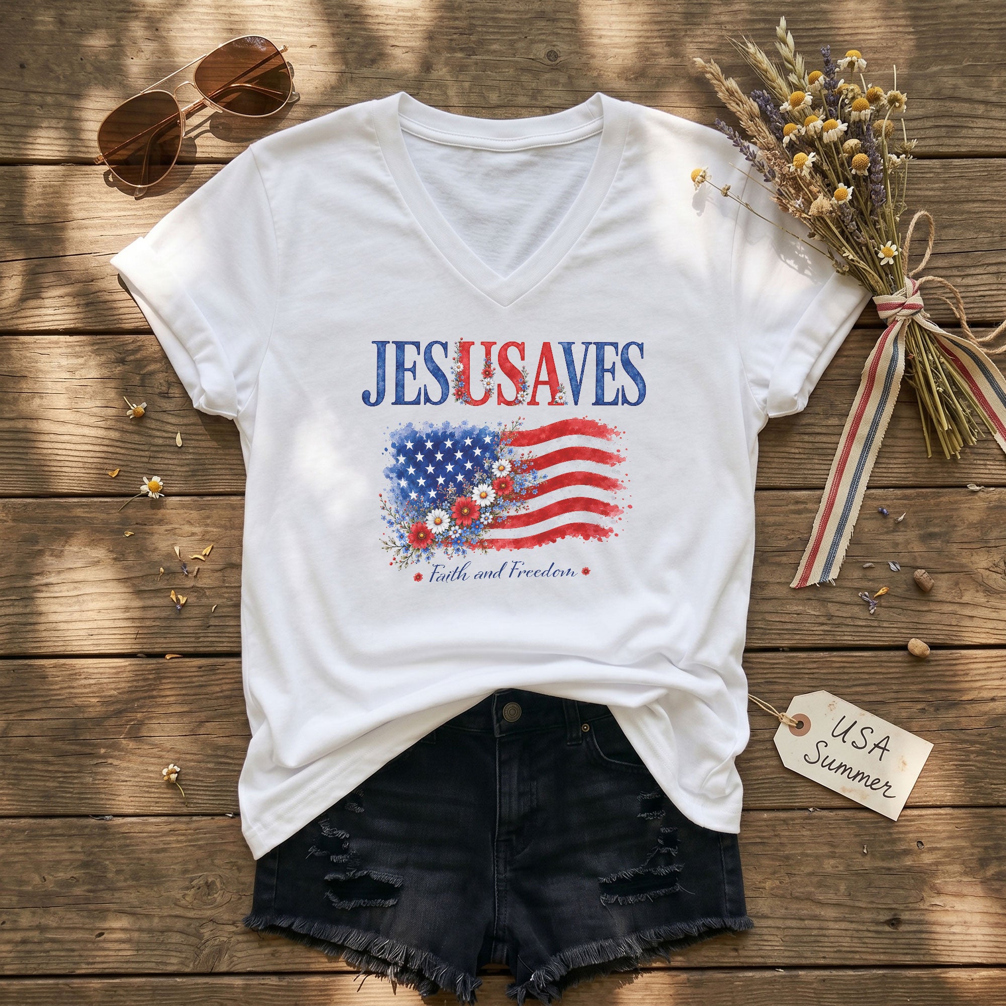 Floral Jesus Saves V-Neck Tee - Patriotic "Est 1776" Christian Faith Graphic Cotton Shirt