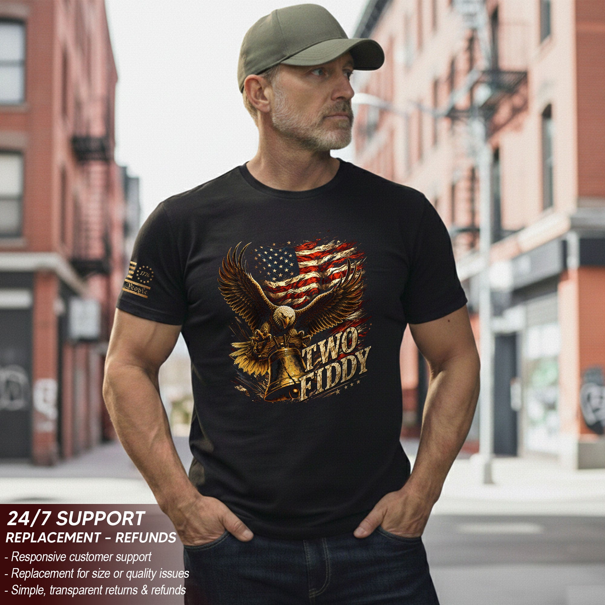 Iconic Patriotic Shirt - Two Fiddy Eagle Liberty Bell American Flag Graphic Design