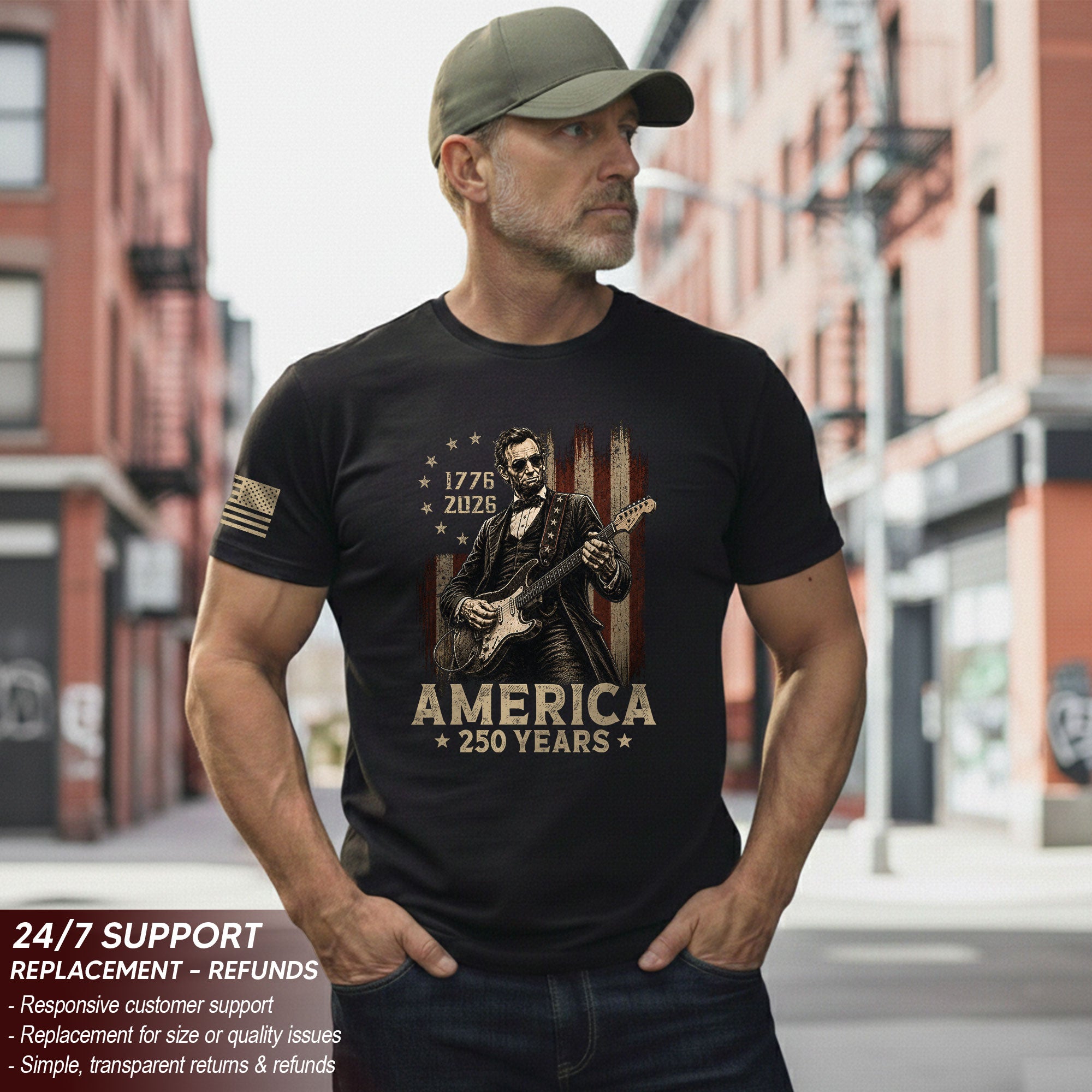 Lincoln Rock Guitar Shirt 1776 2026 Vintage American Flag Patriotic Graphic Tee Men