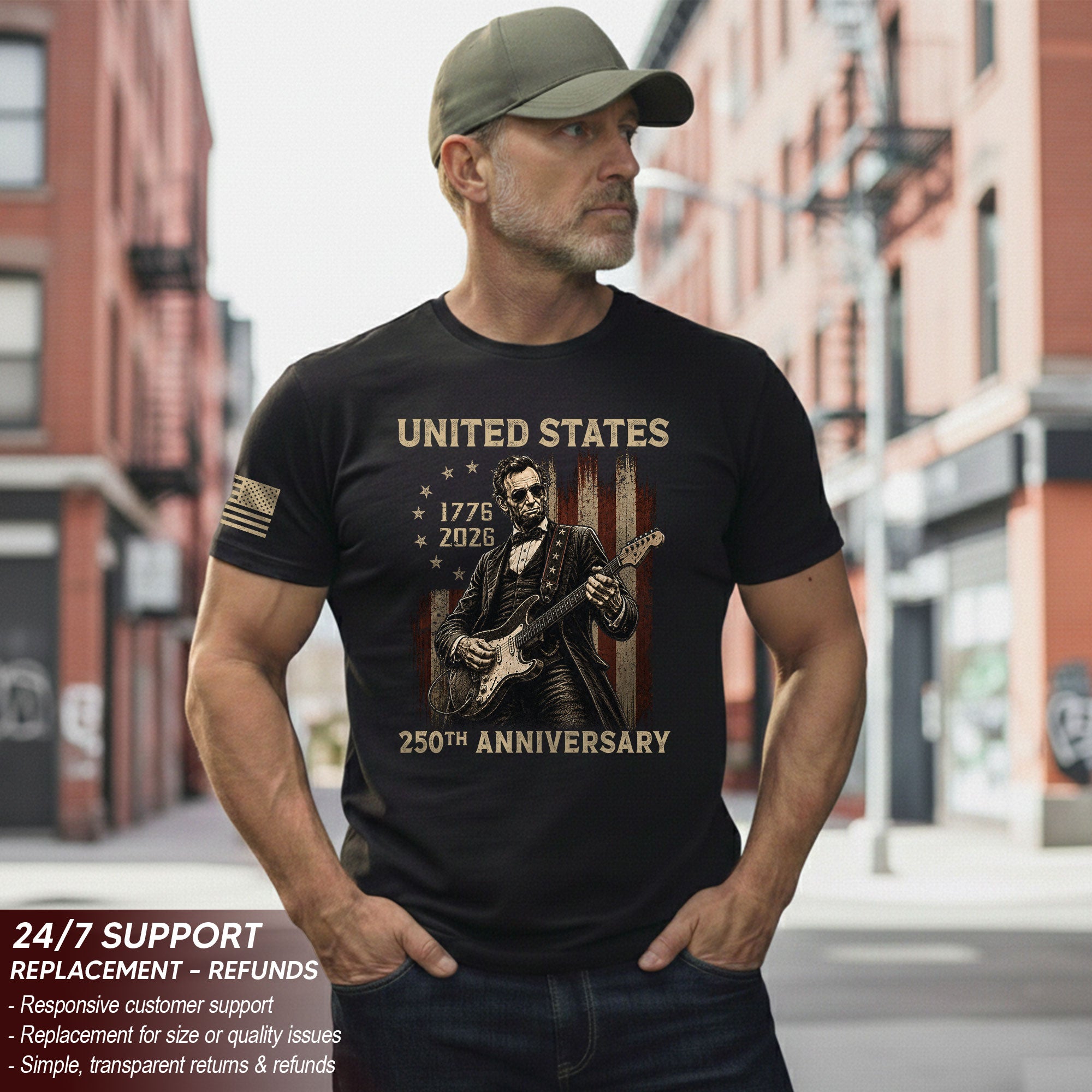 Lincoln Rock Guitar Shirt 1776 2026 Vintage American Flag Patriotic Graphic Tee Men