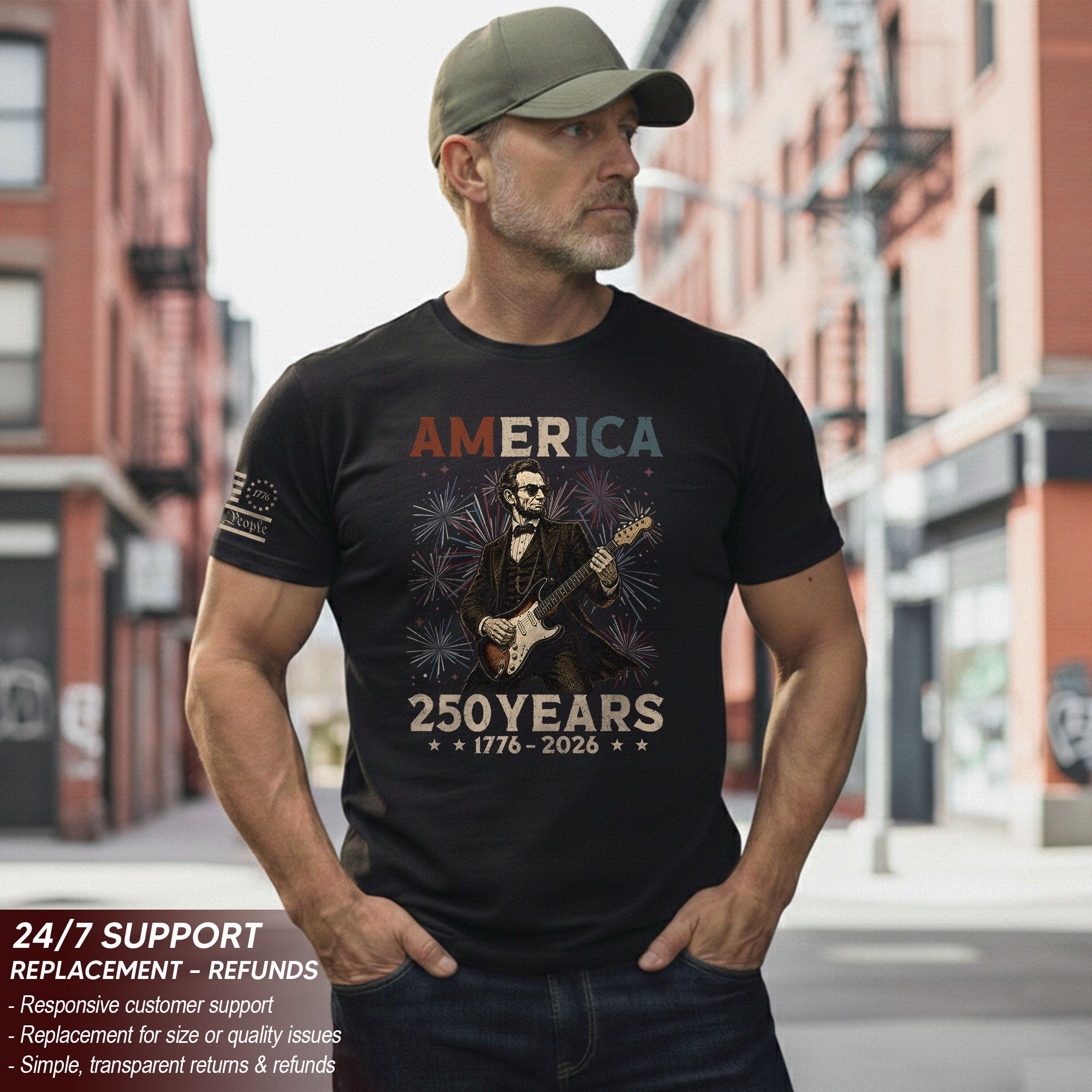 Lincoln Rock Guitar Shirt 1776 2026 Patriotic Fireworks We The People Graphic Tee