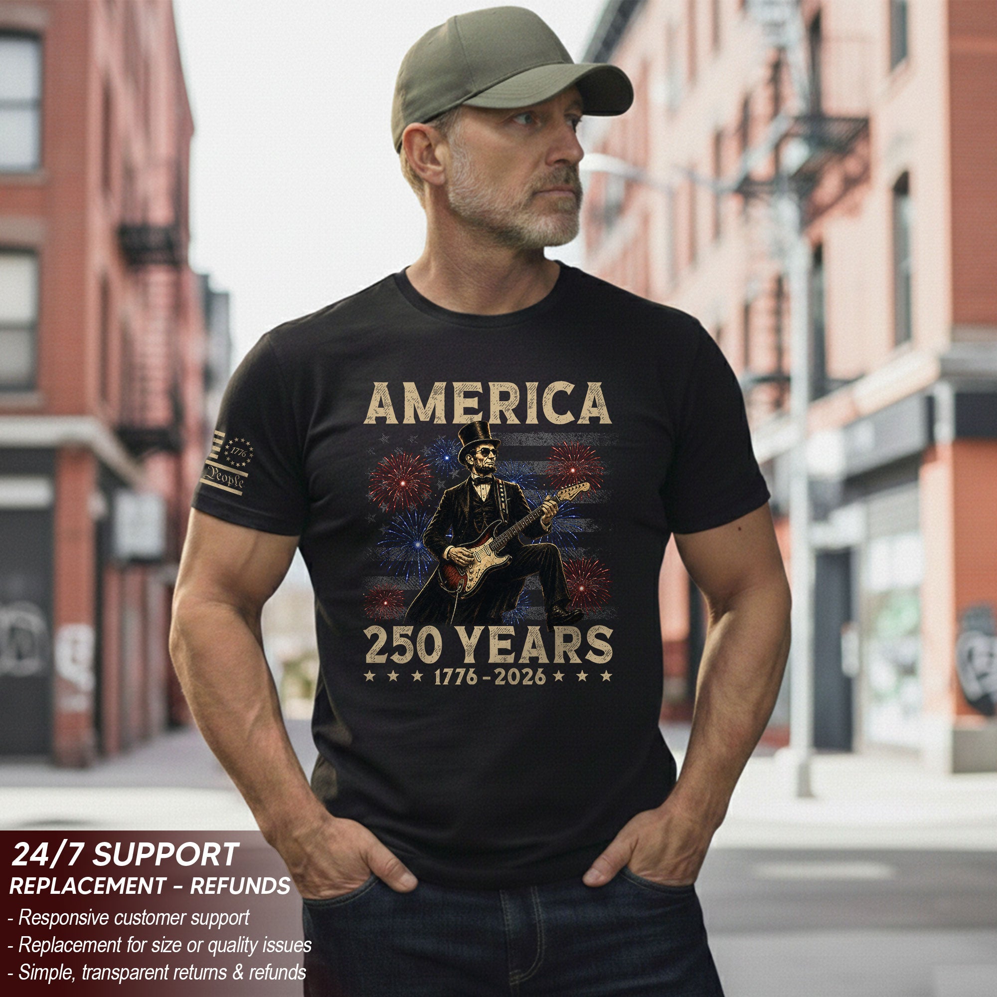 Patriotic Lincoln Electric Guitar T-Shirt 1776 2026 Vintage US Flag Tee Retro Print