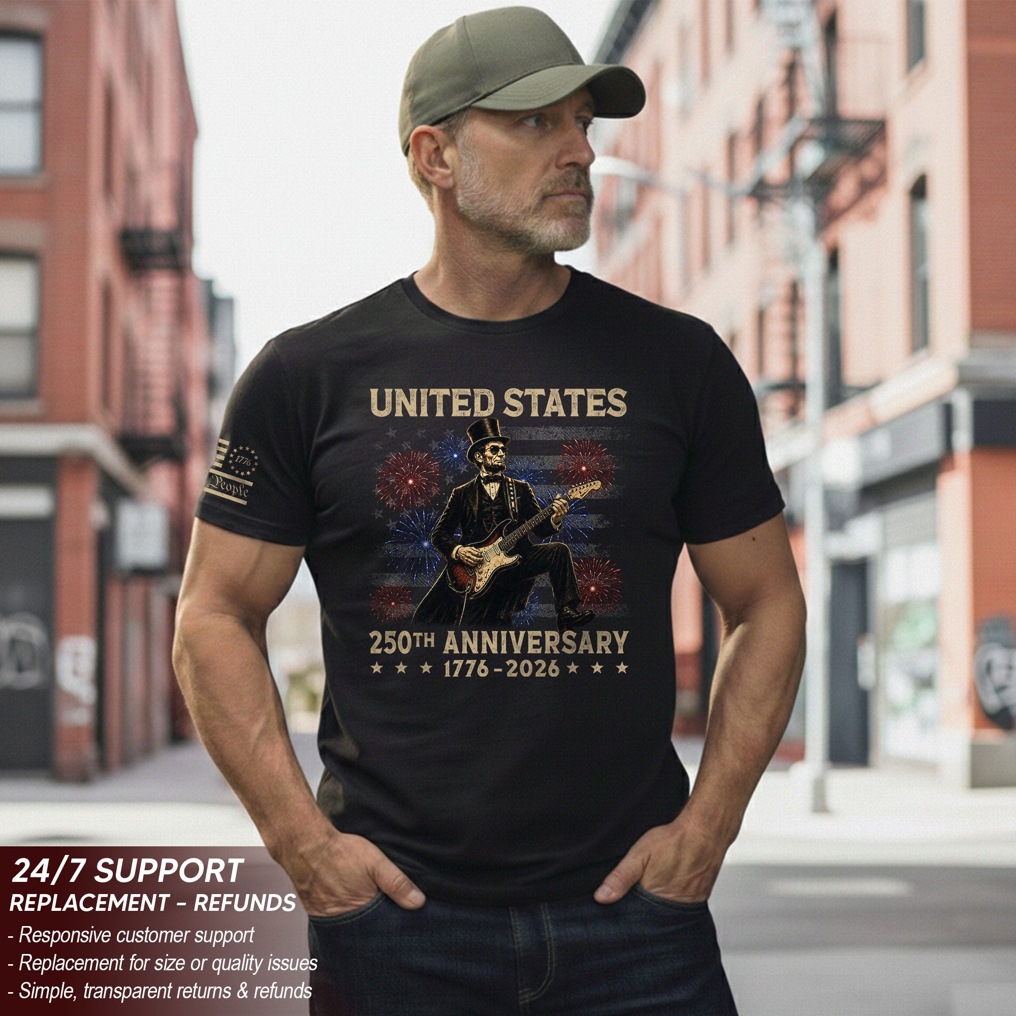 Patriotic Lincoln Electric Guitar T-Shirt 1776 2026 Vintage US Flag Tee Retro Print