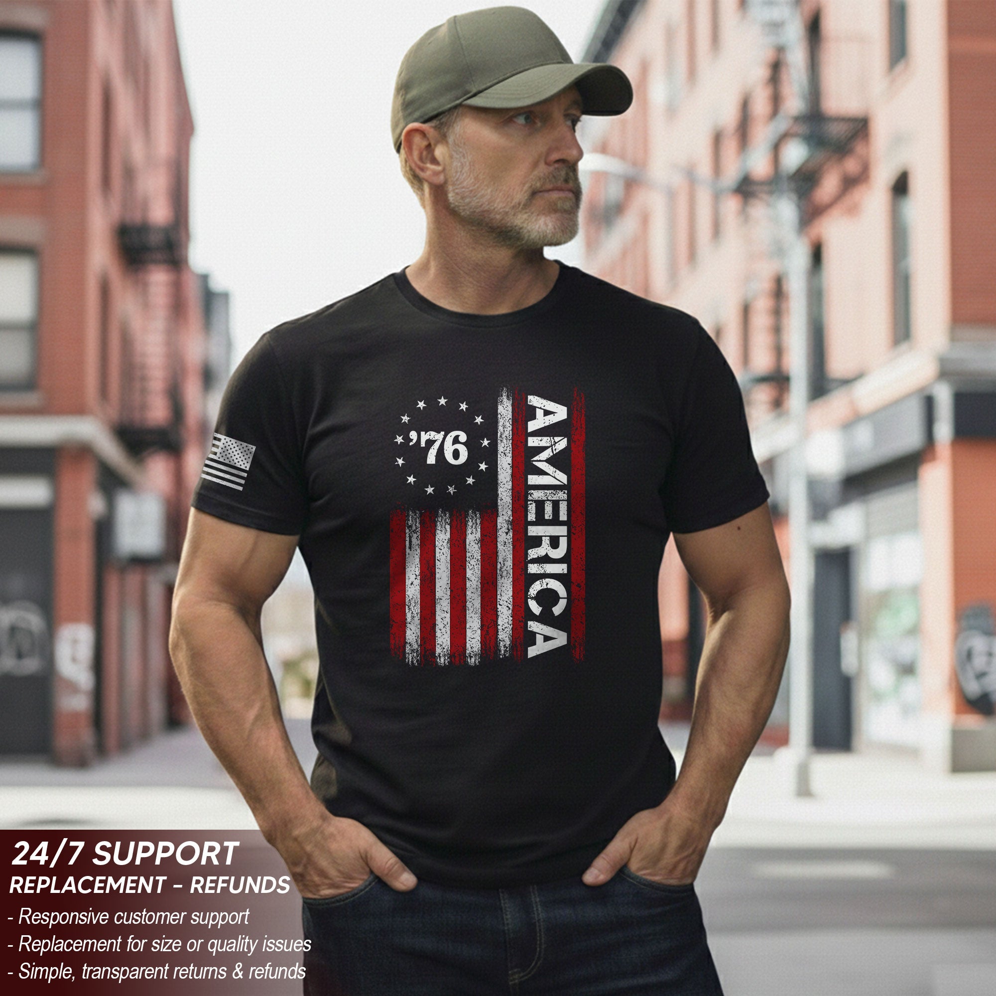 Classic Retro Style American Flag 76 Apparel Patriotic Graphic T-Shirt Holiday Wear