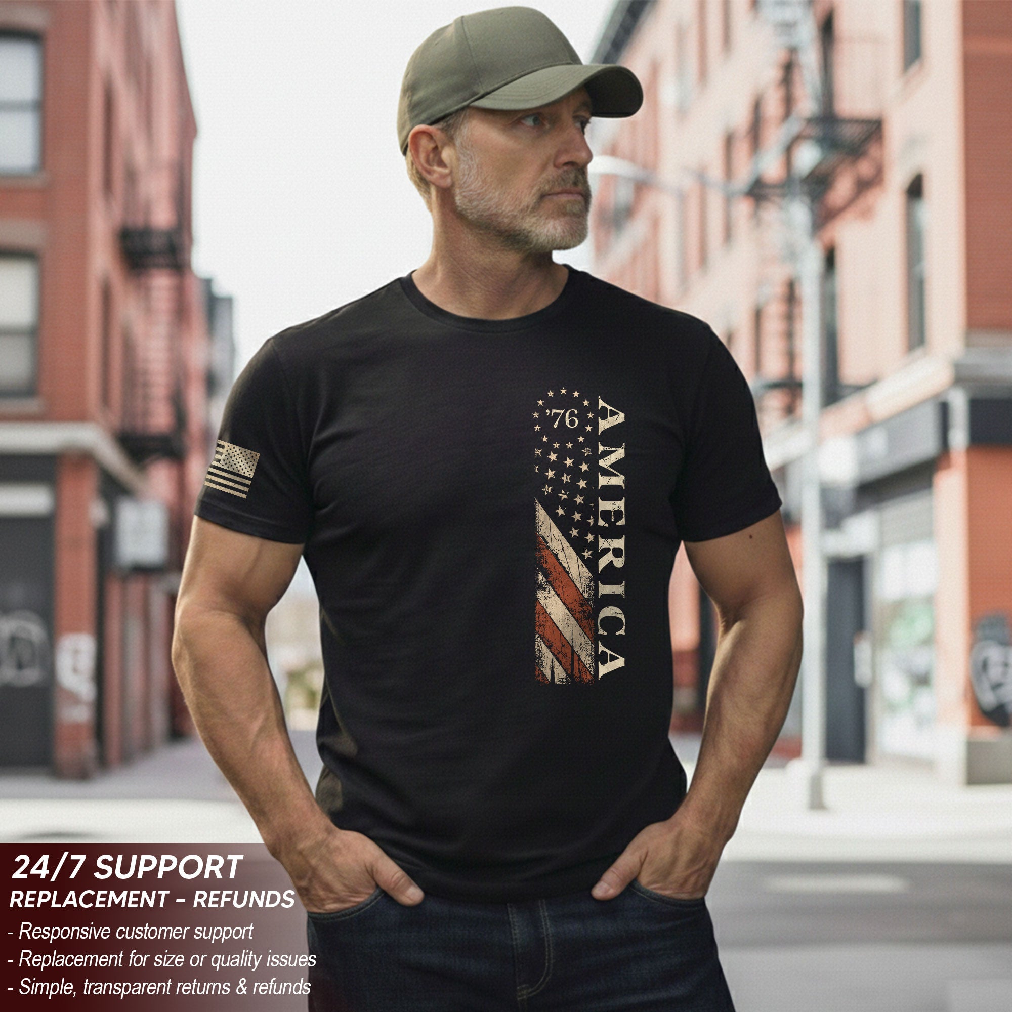 Vertical Flag America 76 T-Shirt Patriotic Vintage Style Graphic Tee Casual Shirt