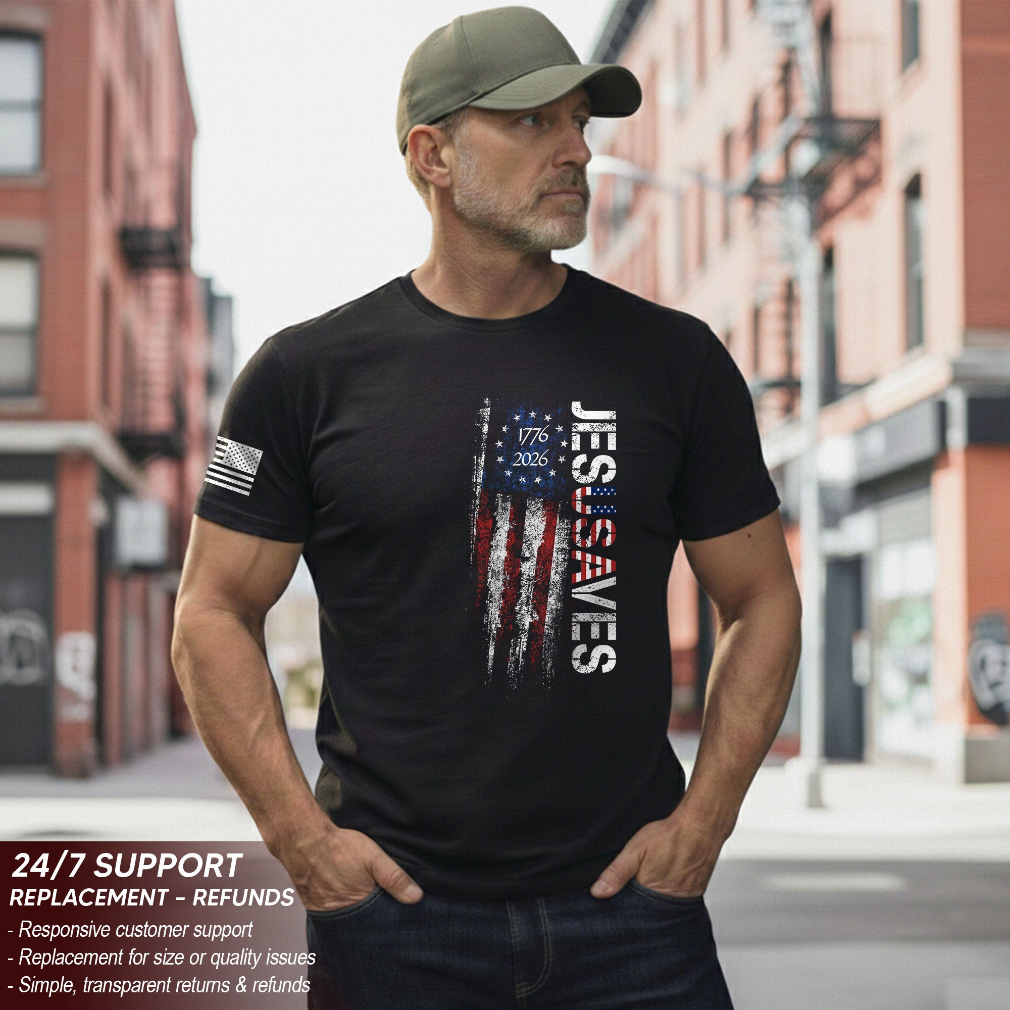 JESUSAVES T-Shirt USA Flag Patriotic 1776 2026 Betsy Ross Men Cotton Tee Shirt