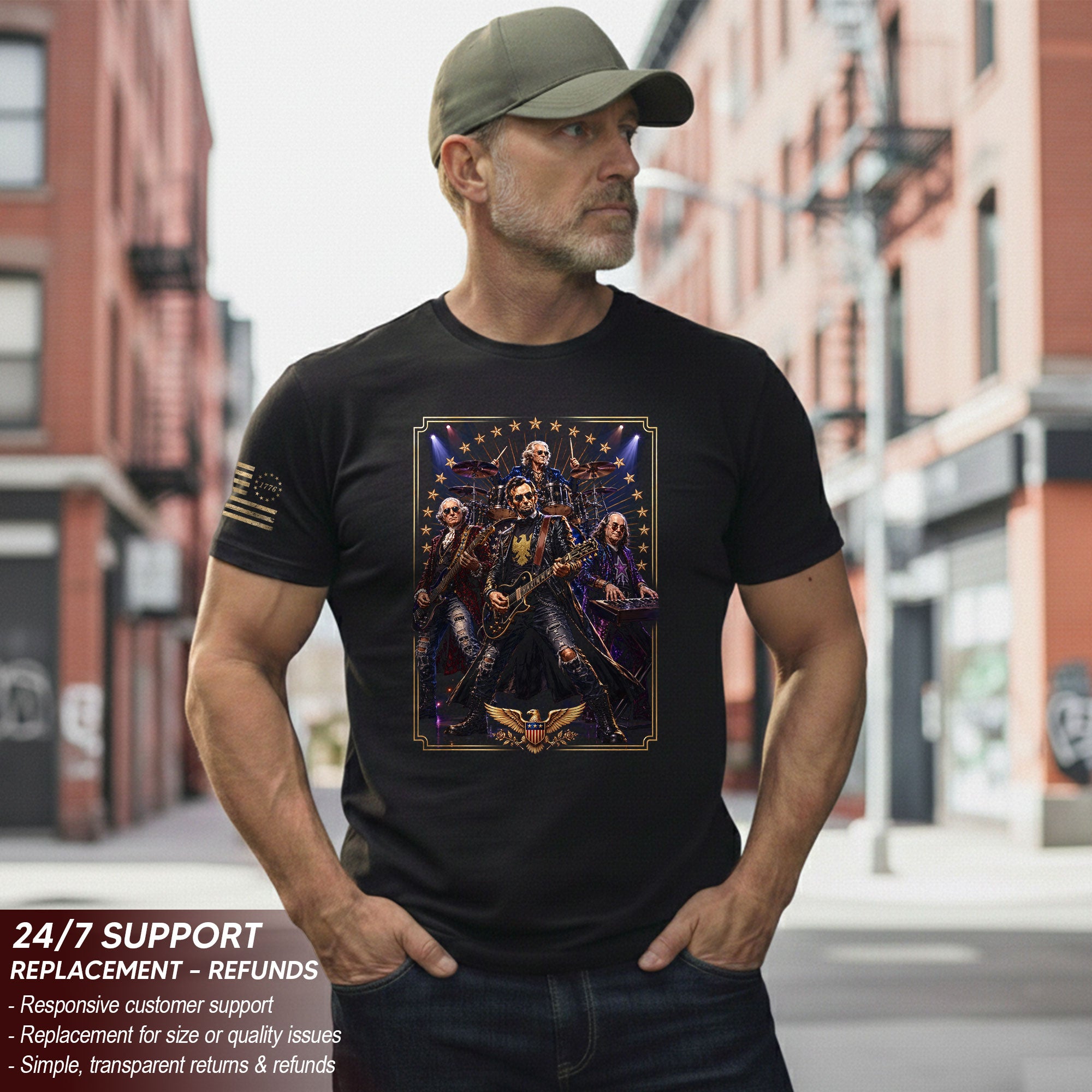 Patriotic Lincoln Guitar Player T-Shirt Vintage Rock Band Graphic Sleeve Tee