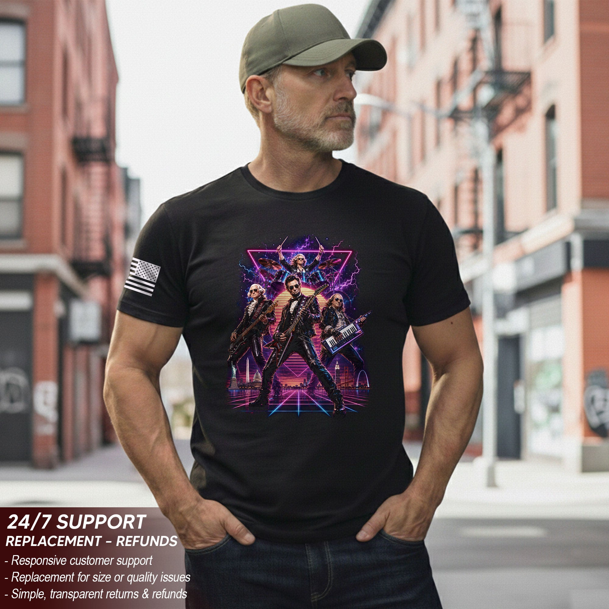 Retro Lincoln Guitar Player T-Shirt Neon Synthwave Rock Band Graphic Tee Gift