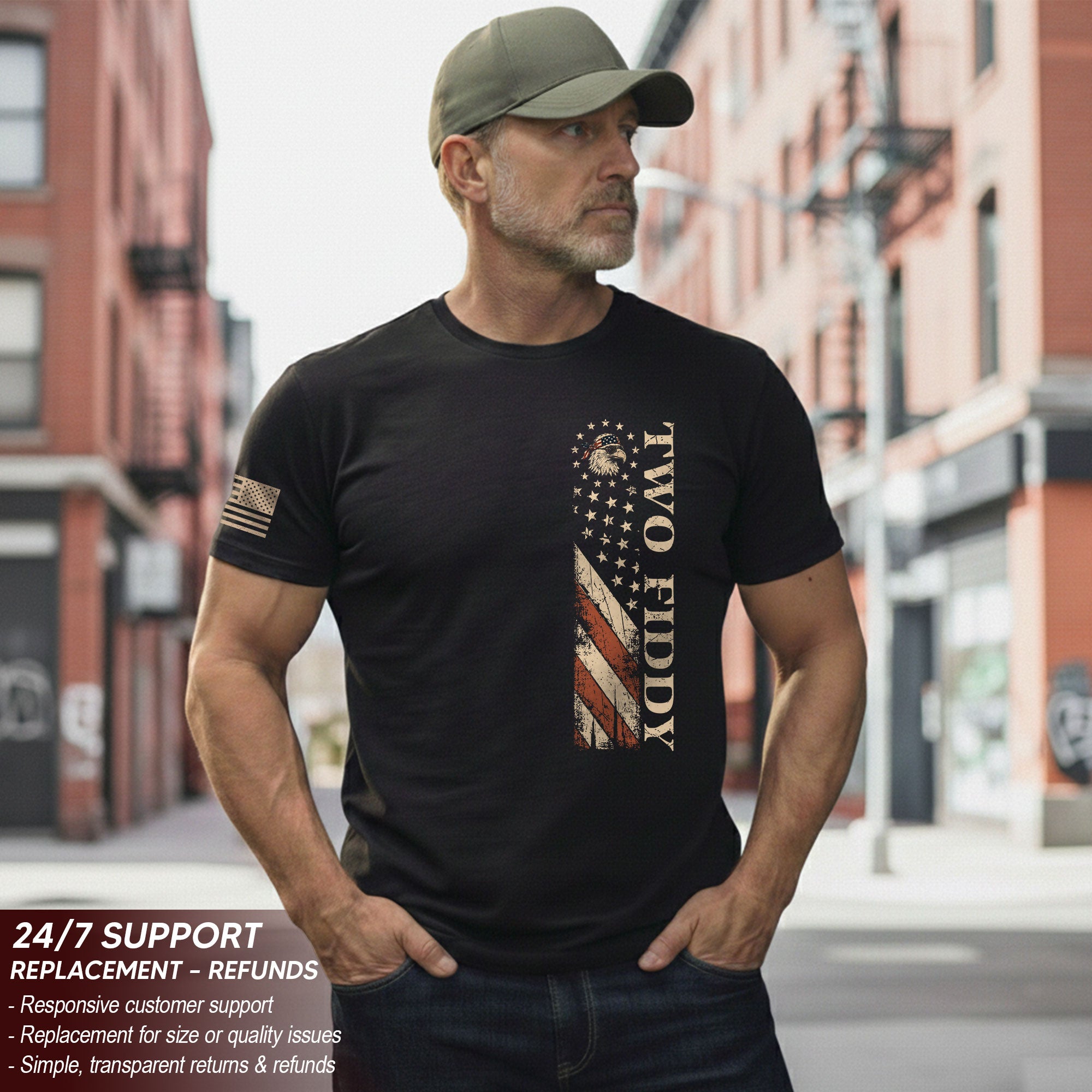 Two Fiddy Vertical Flag Graphic Tee - Minimalist Patriotic 250th Anniversary Cotton Shirt
