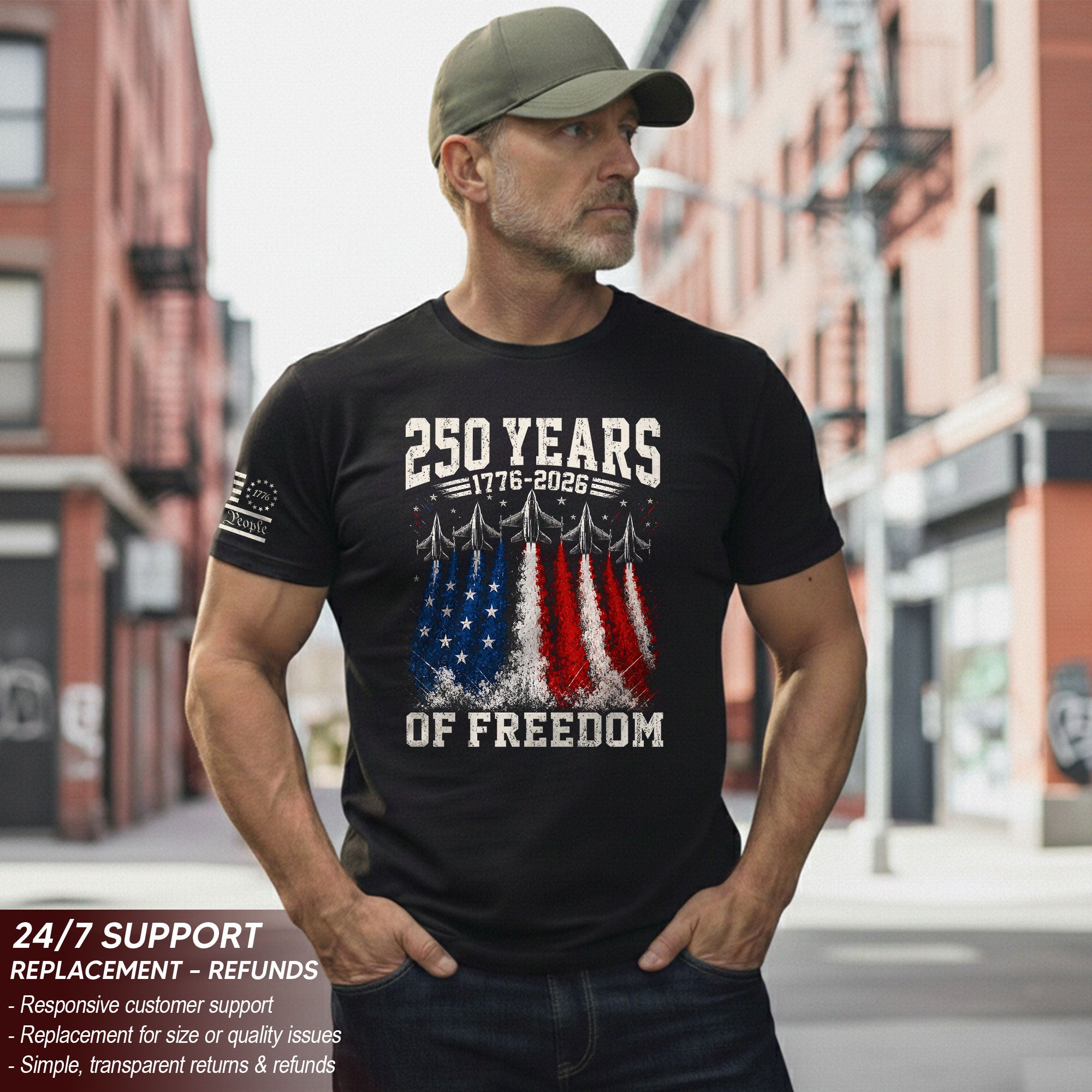 Commemorative 250 Years Freedom Tee - Vintage Fighter Jet Patriotic Cotton Shirt
