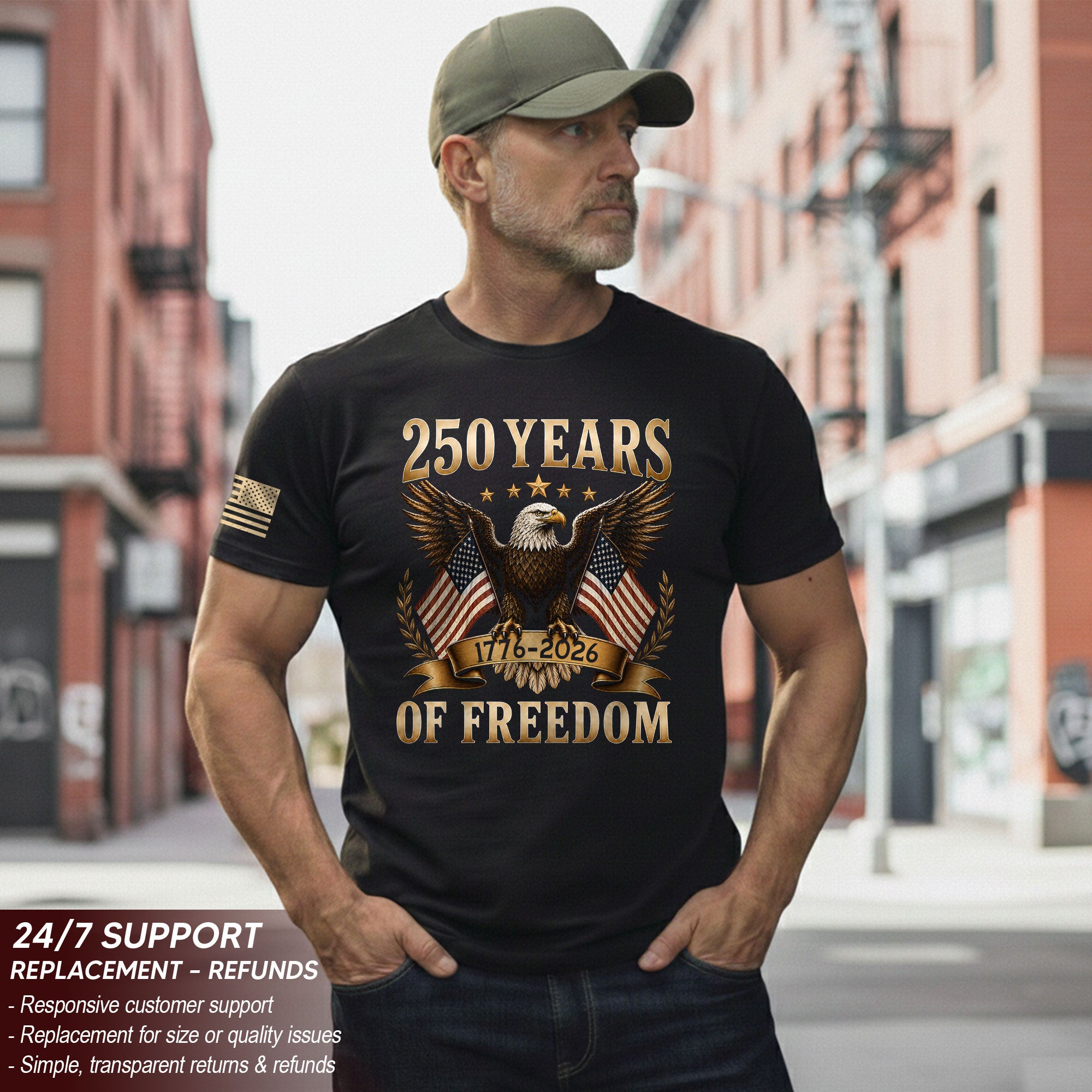 250 Years Of Freedom Graphic Tee - Classic Patriotic Eagle American Flag Cotton Shirt