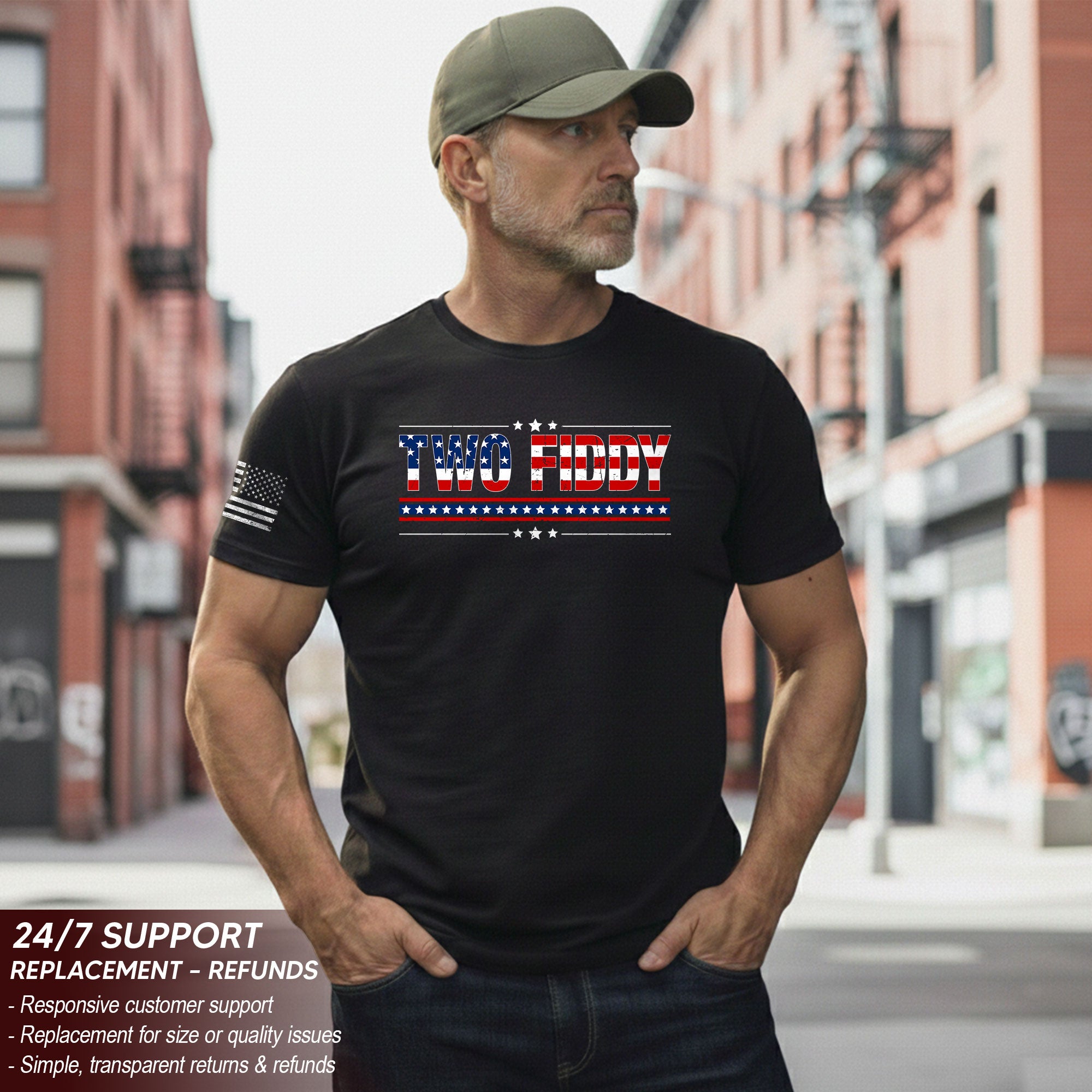 Two Fiddy Graphic T-Shirt Patriotic American Flag Design Casual Tee for Men and Women