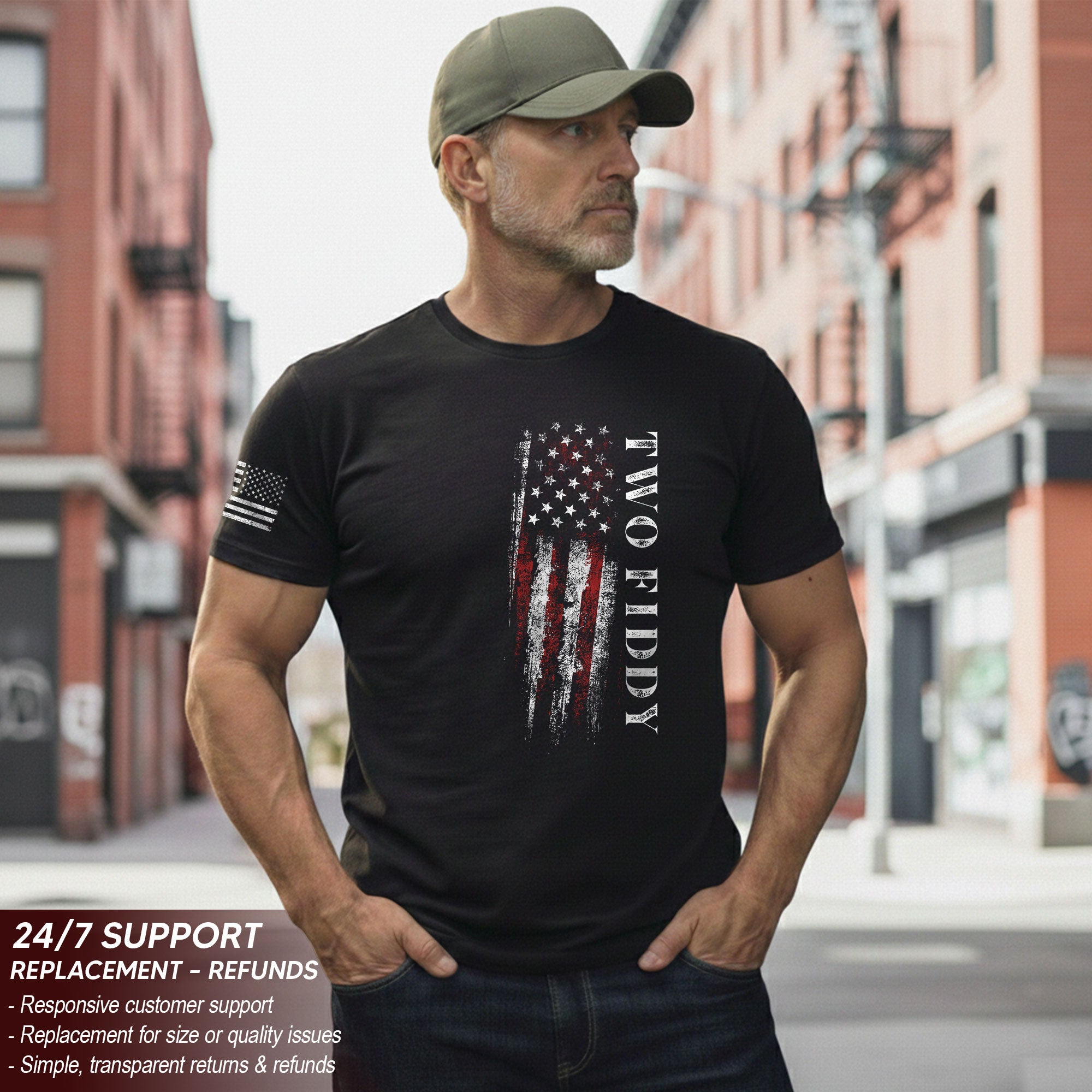 Two Fiddy Patriotic T-Shirt Distressed Vertical Flag Graphic Casual Apparel for Everyone