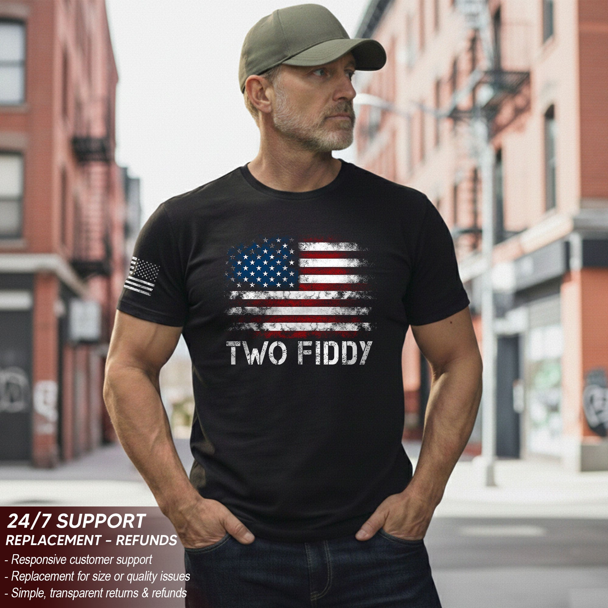 Two Fiddy Distressed Flag Graphic Tee Unisex Soft Cotton Patriotic Short Sleeve T-Shirt