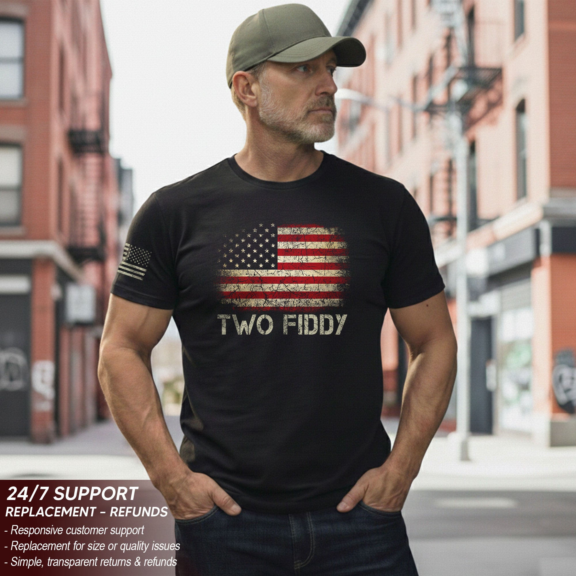 Two Fiddy Graphic T-Shirt Distressed American Flag Print Casual Cotton Short Sleeve Tee