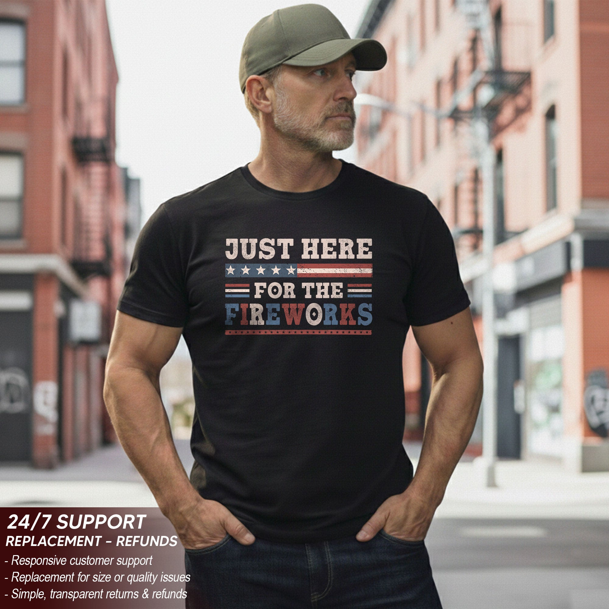 Just Here For The Fireworks Shirt Patriotic Vintage 4th of July Graphic Tee Gift