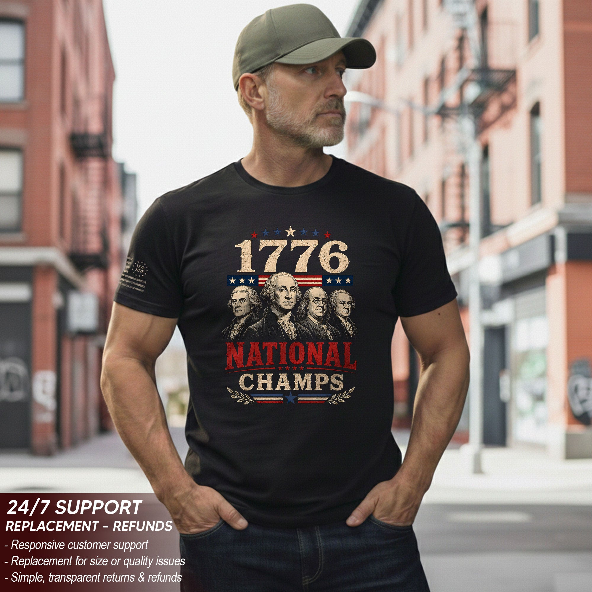 Founding Fathers Graphic Apparel - 1776 National Champs Patriotic Navy T-Shirt