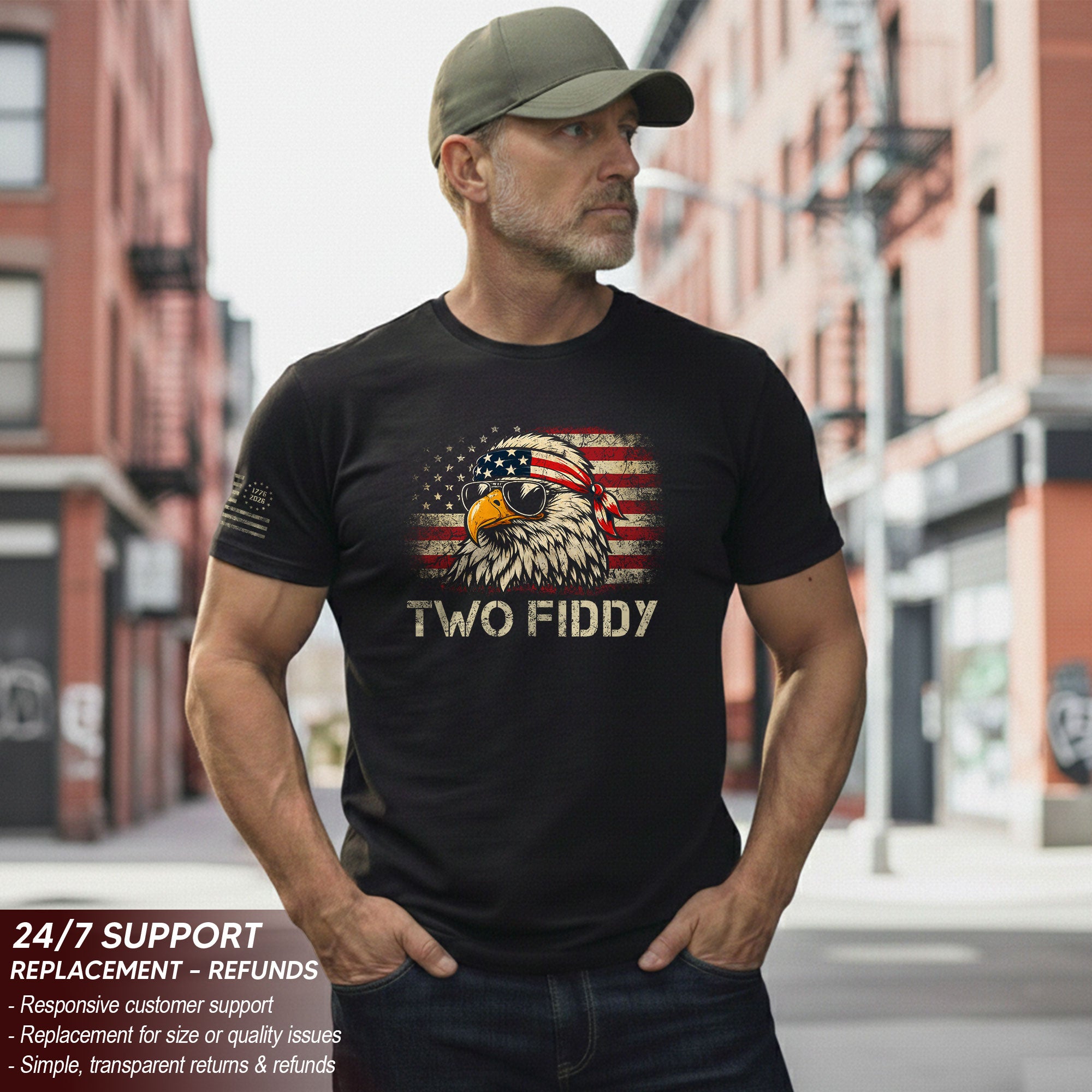 Two Fiddy Eagle Graphic T-Shirt - Vintage American Heritage Patriotic Celebration Tee