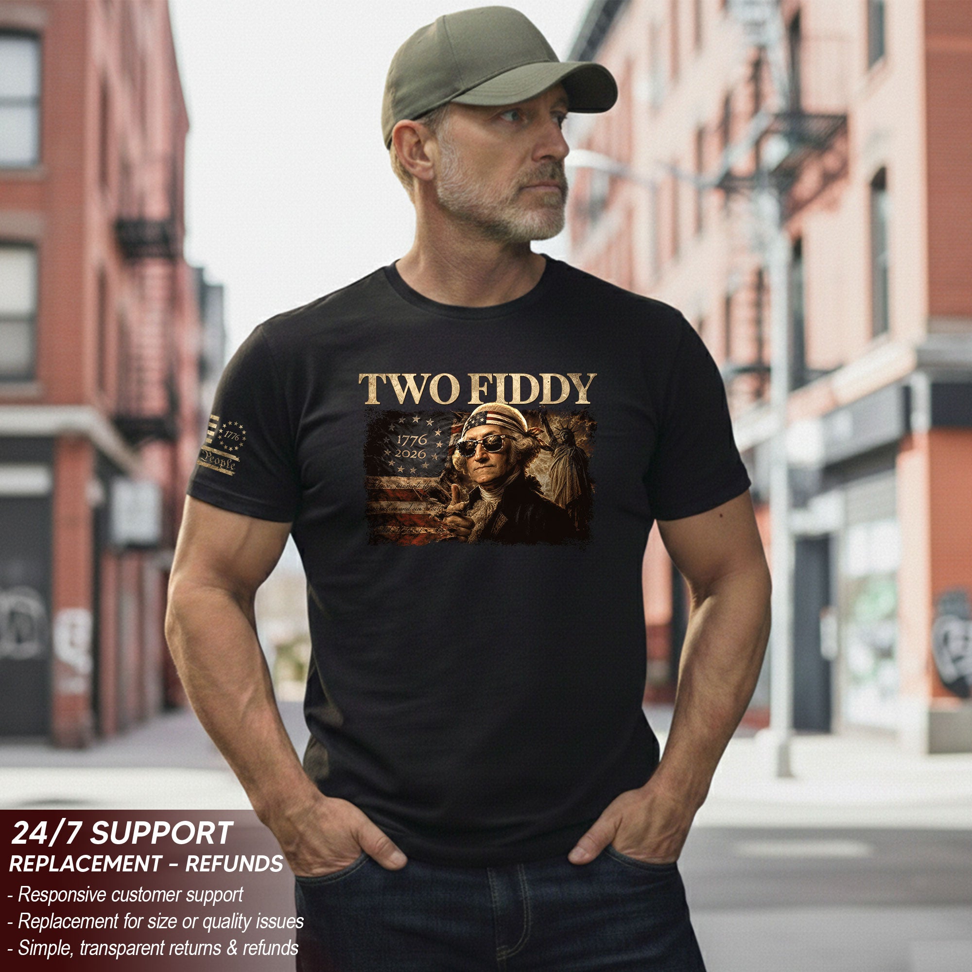 Two Fiddy George Washington 1776 2026 Patriotic Graphic Tee American Heritage Shirt