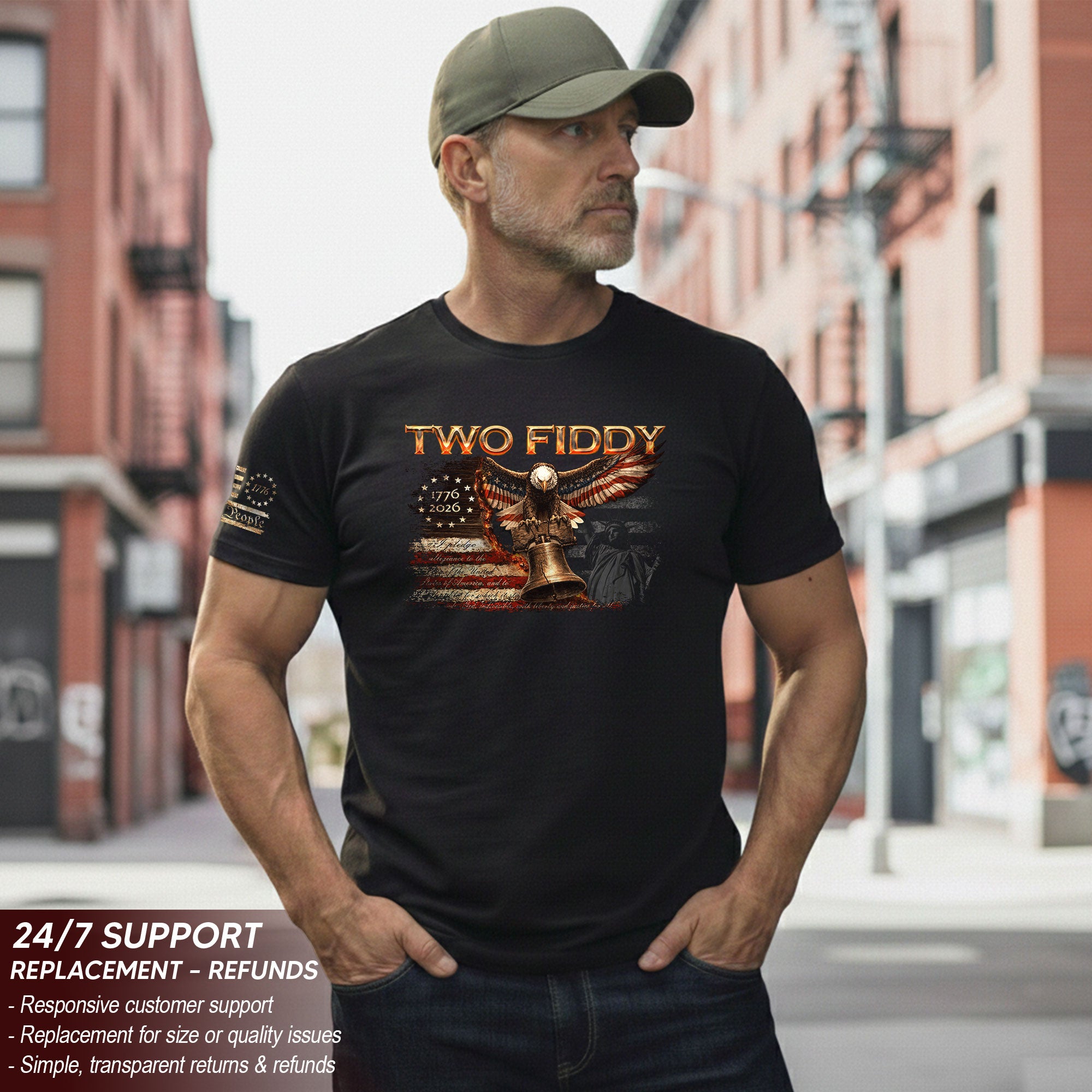 Two Fiddy 1776 2026 Patriotic Graphic Tee Eagle And Liberty Bell Heritage Style Shirt