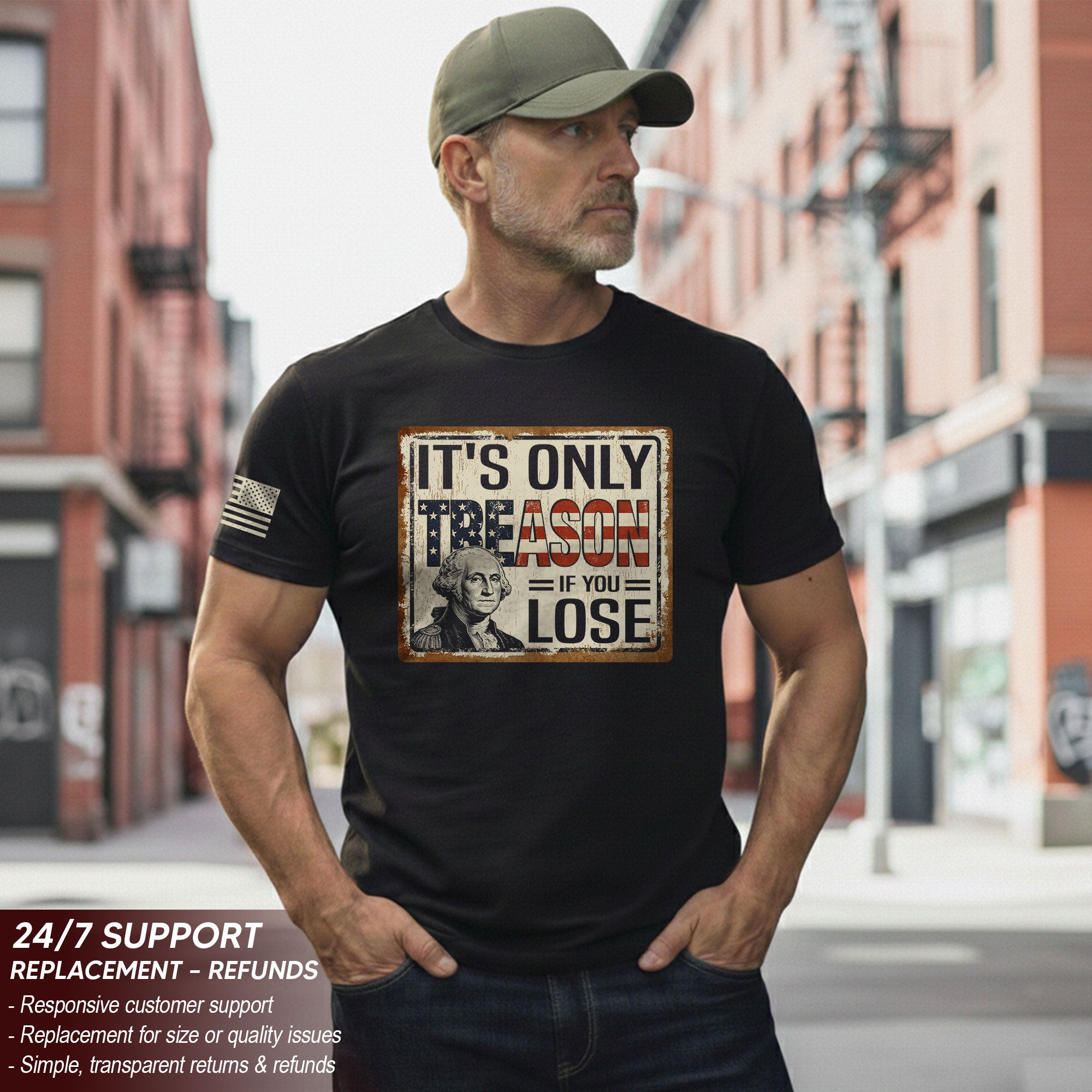 It's Only Treason If You Lose T-Shirt Vintage George Washington Patriotic US Flag Tee