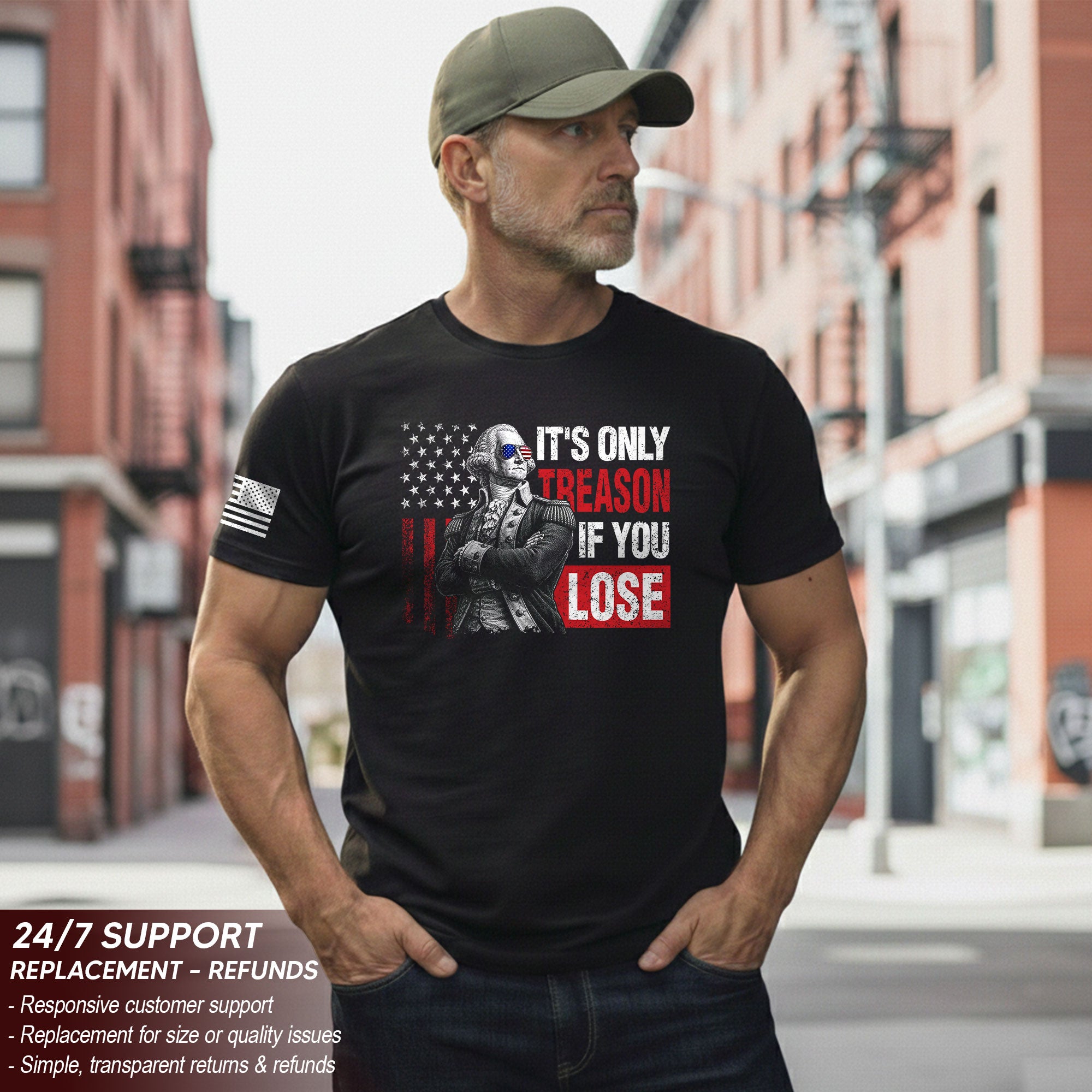 George Washington It's Only Treason If You Lose T-Shirt Patriotic 1776 US Flag Tee