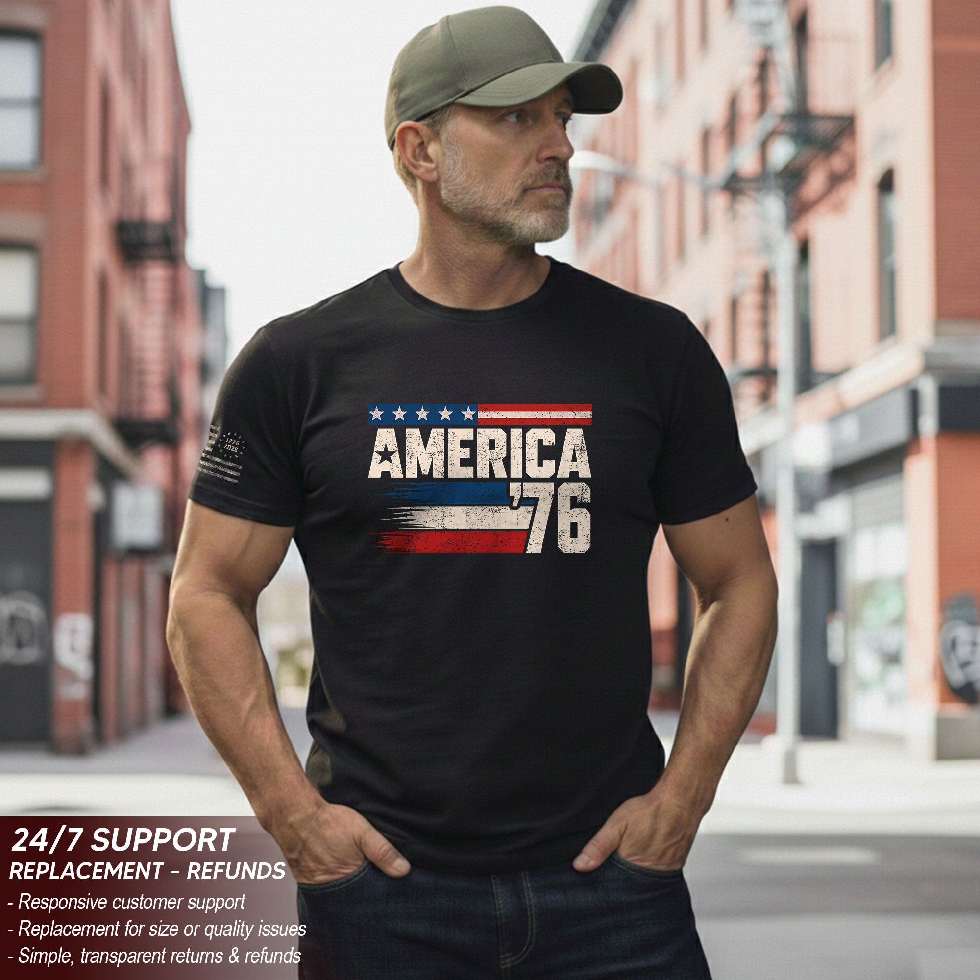 America '76 Graphic Tee Vintage Flag Design Patriotic Style Casual Mens Statement Shirt