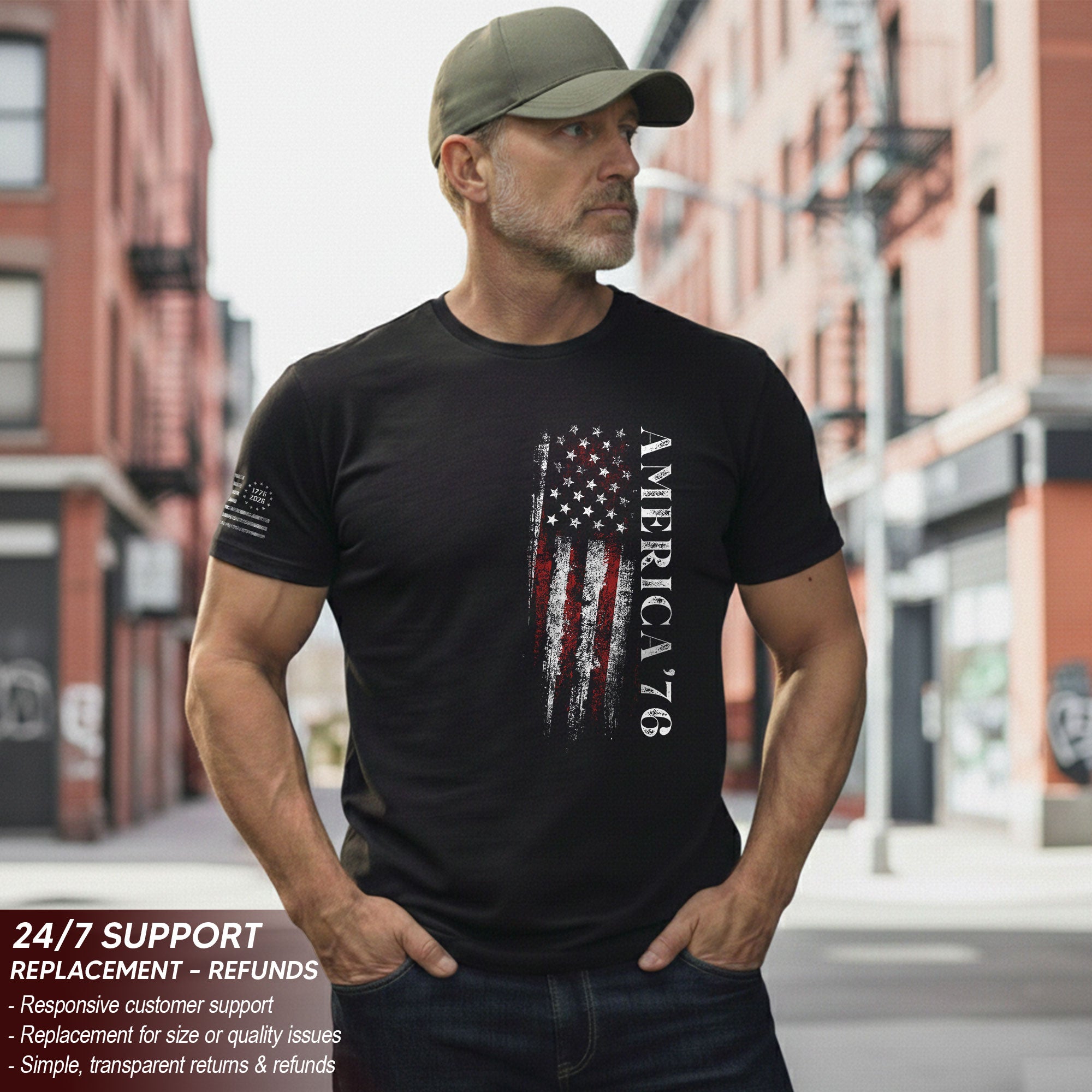 America '76 Graphic T Shirt Patriotic Vertical Flag Design Casual Mens Statement Shirt