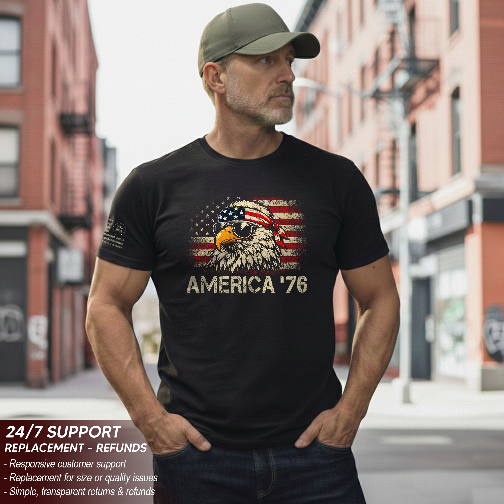 America '76 Eagle Tee Vintage Patriotic Flag Design Casual Mens Statement Shirt Top