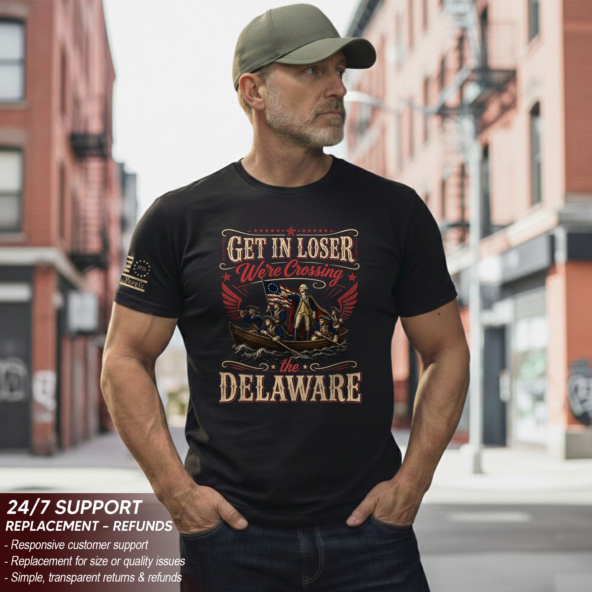 Get In Loser We're Crossing The Delaware T-Shirt Sarcastic 1776 Patriotic US Flag Gift