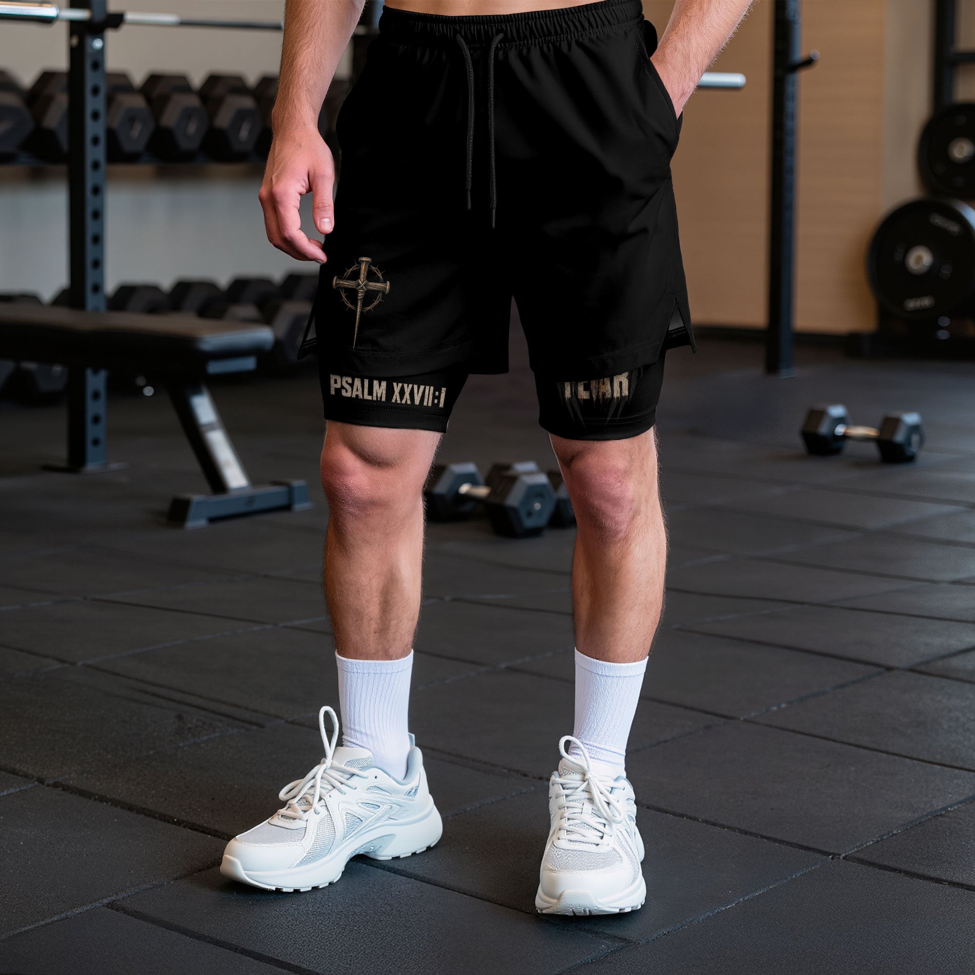 Psalm 27:1 Faith Over Fear Men's Double Layer Track Shorts - Christian Cross Workout Shorts