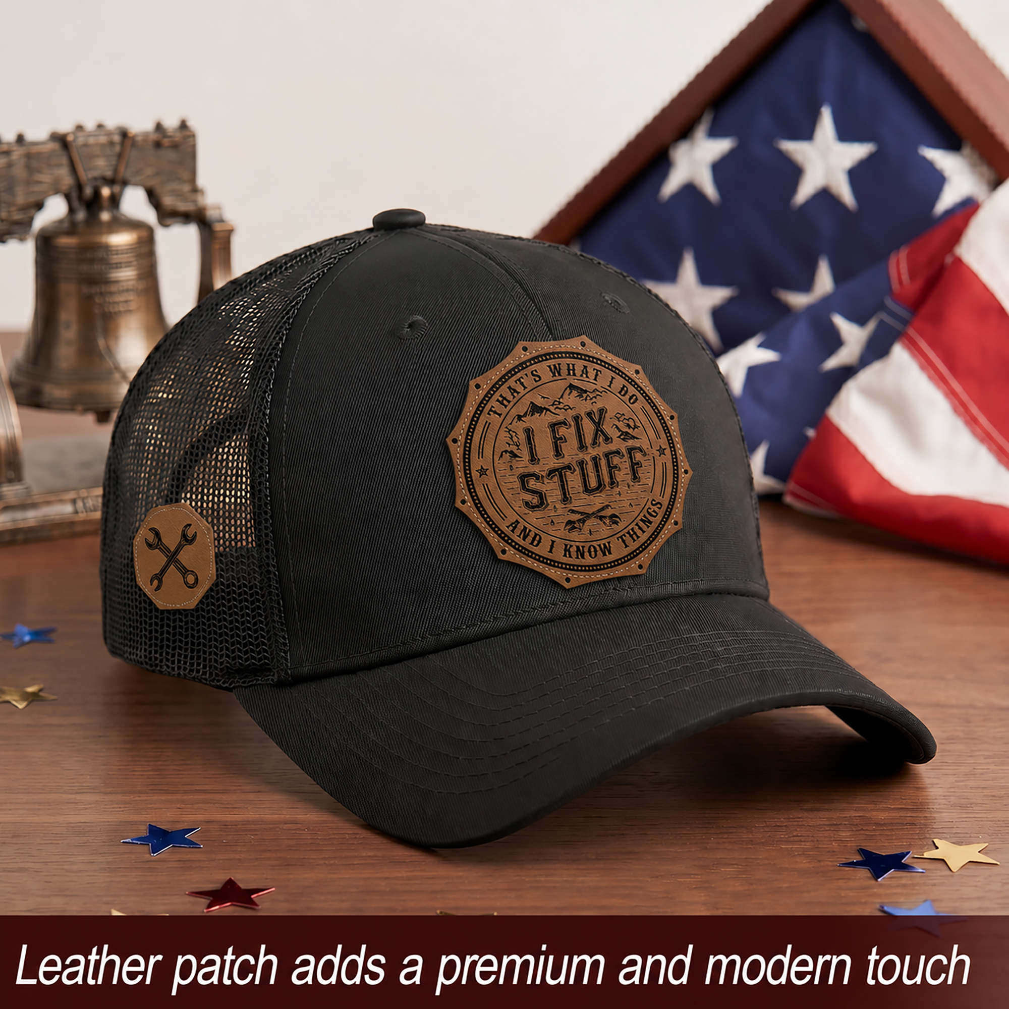 That's What I Do I Fix Stuff Round Leather Patch Black Trucker Hat Handyman Gift