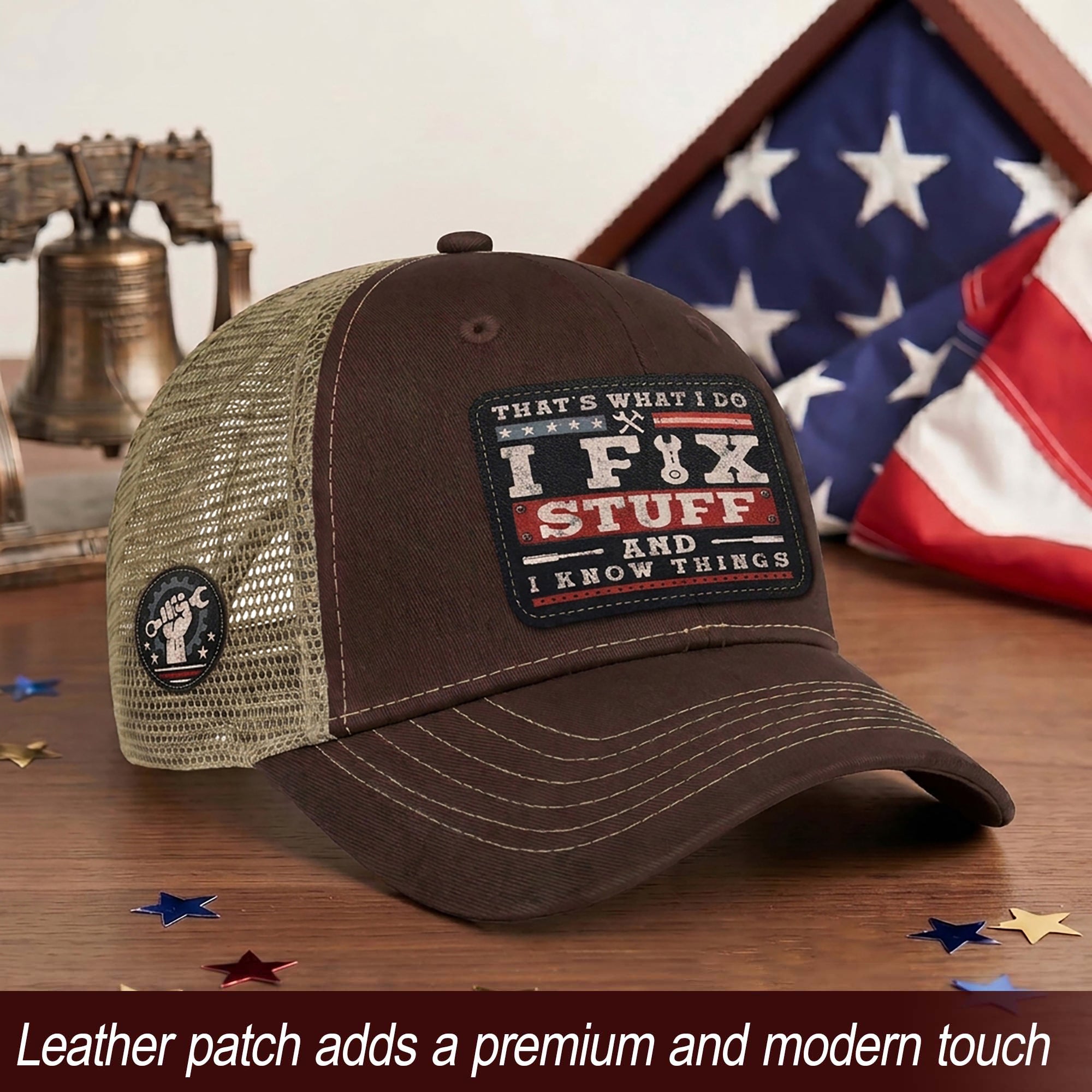 That's What I Do I Fix Stuff Patch Brown Trucker Hat Cool Handyman Dad Gift Idea