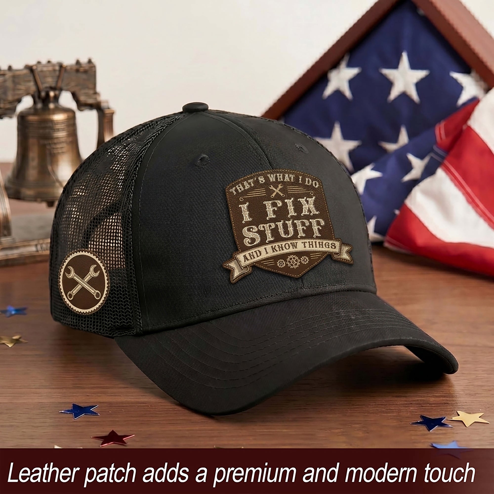 That's What I Do I Fix Stuff Shield Patch Black Trucker Hat Cool Handyman Gift Idea
