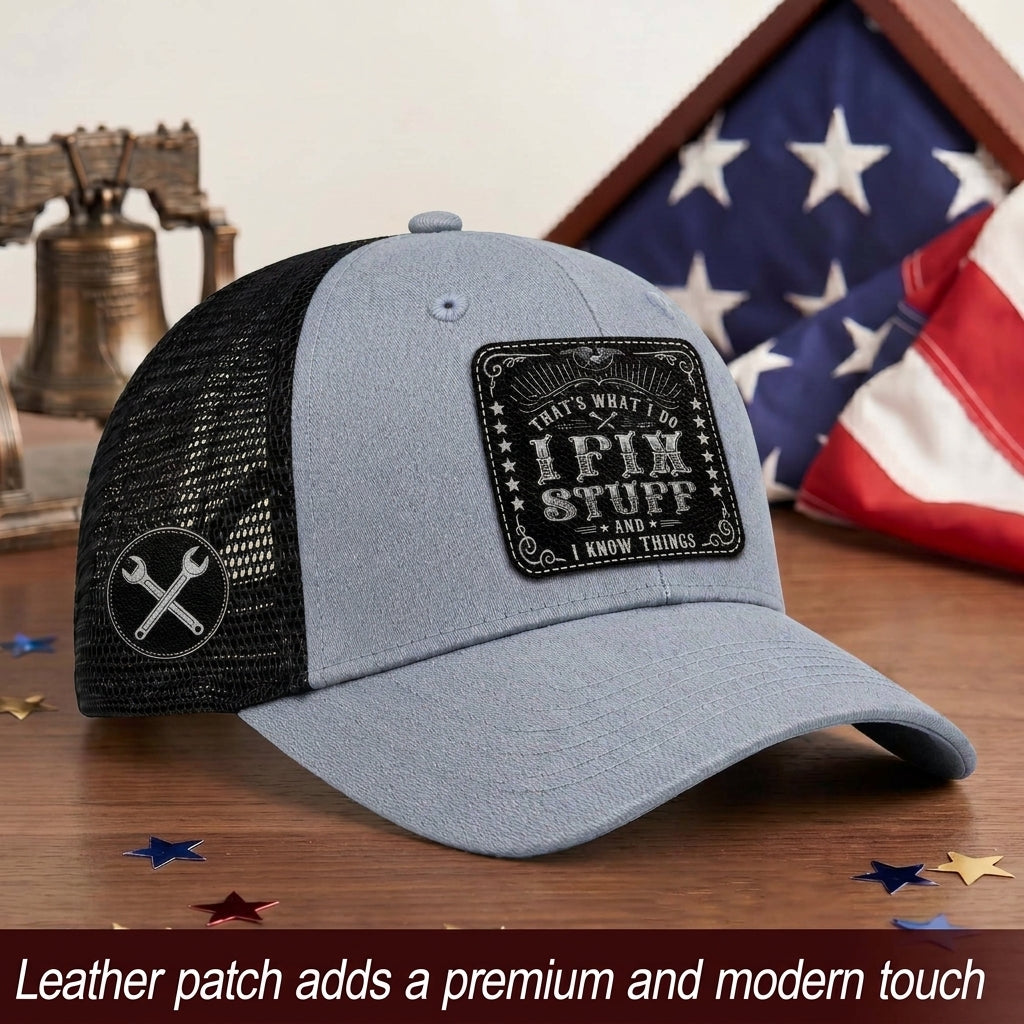 That's What I Do I Fix Stuff Vintage Patch Grey Trucker Hat Cool Handyman Gift Idea