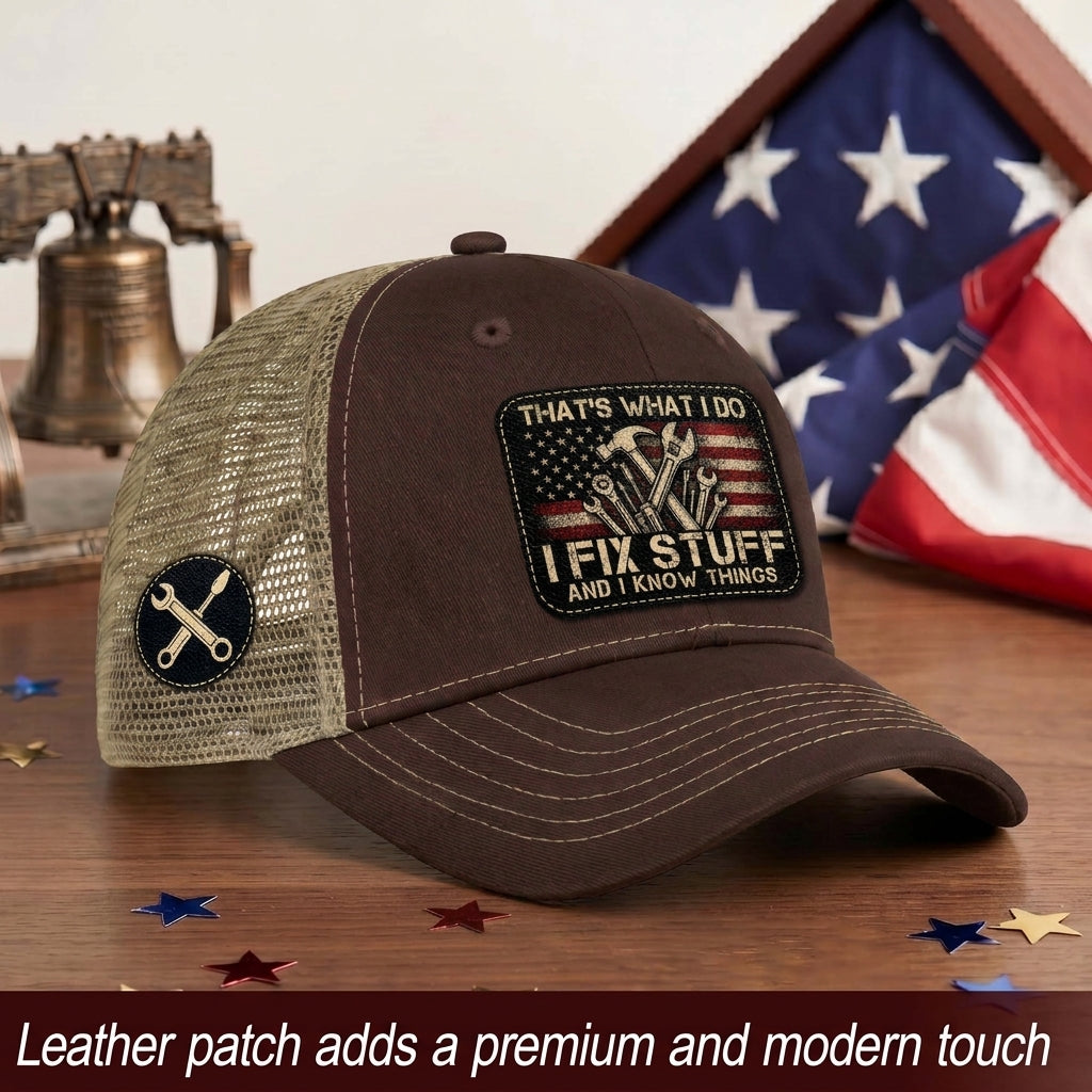 That's What I Do I Fix Stuff American Flag Brown Trucker Hat Cool Handyman Gift Idea