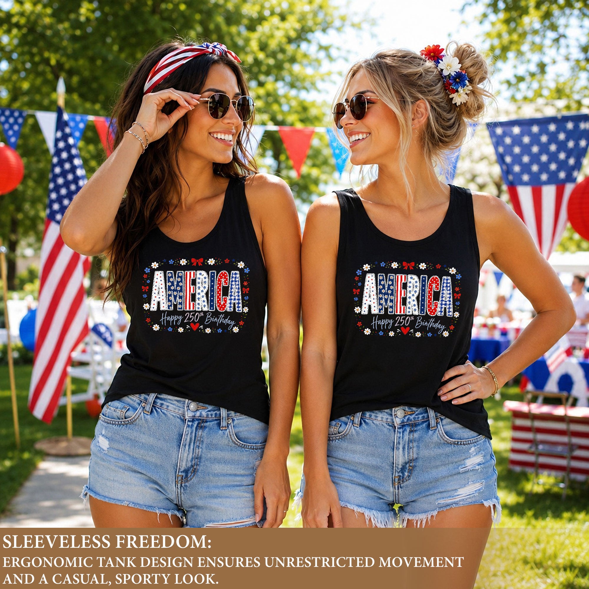 Women's Patriotic Tank Top America Happy 250th Birthday Floral Graphic Summer Shirt