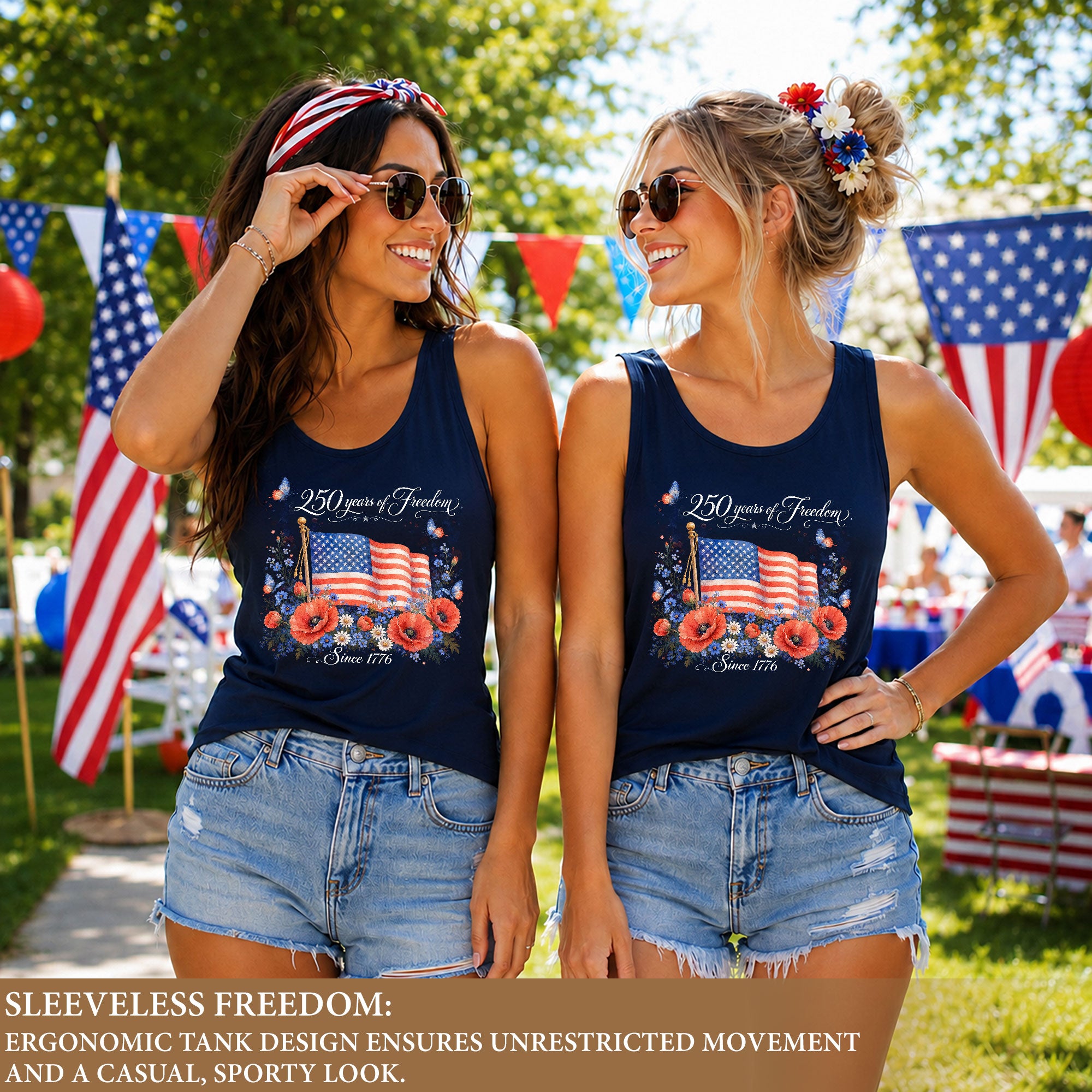 Women's Patriotic Tank Top 250 Years of Freedom Floral US Flag 1776 Graphic Shirt