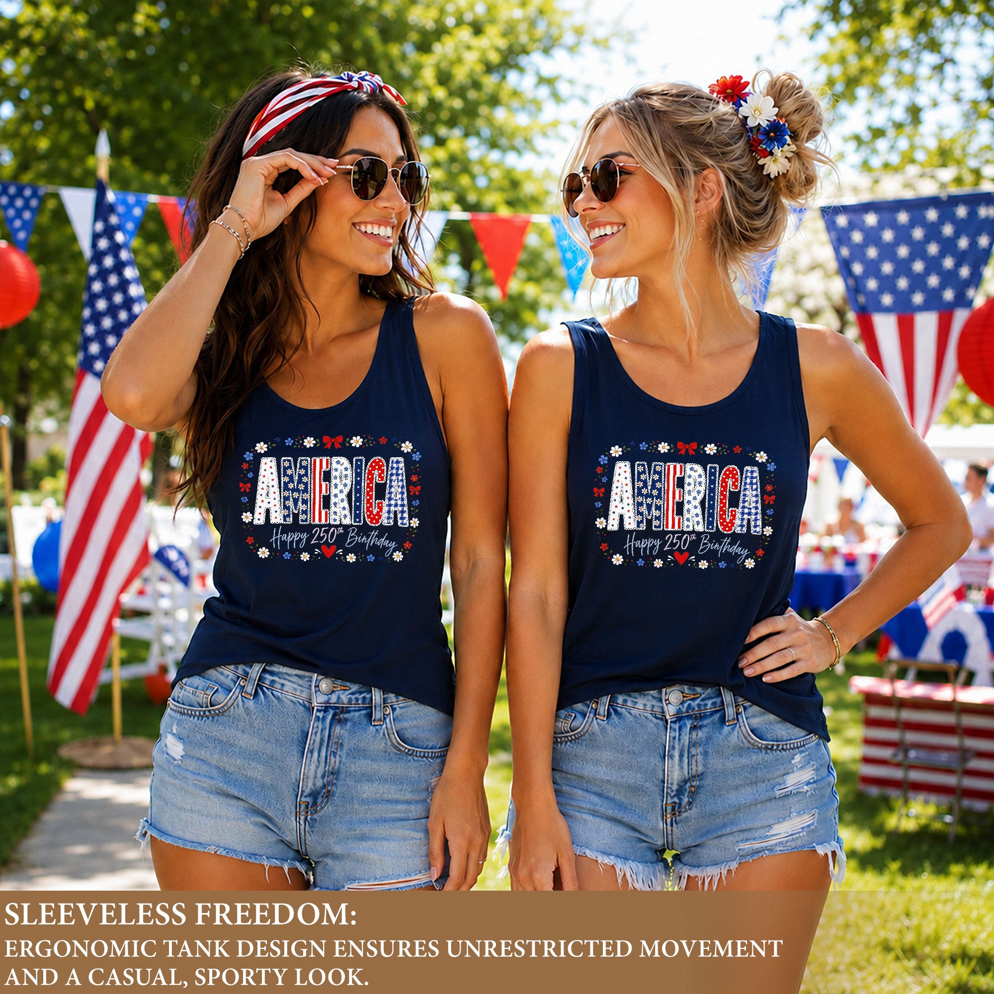 Women's Patriotic Tank Top America Happy 250th Birthday Floral Graphic Summer Shirt