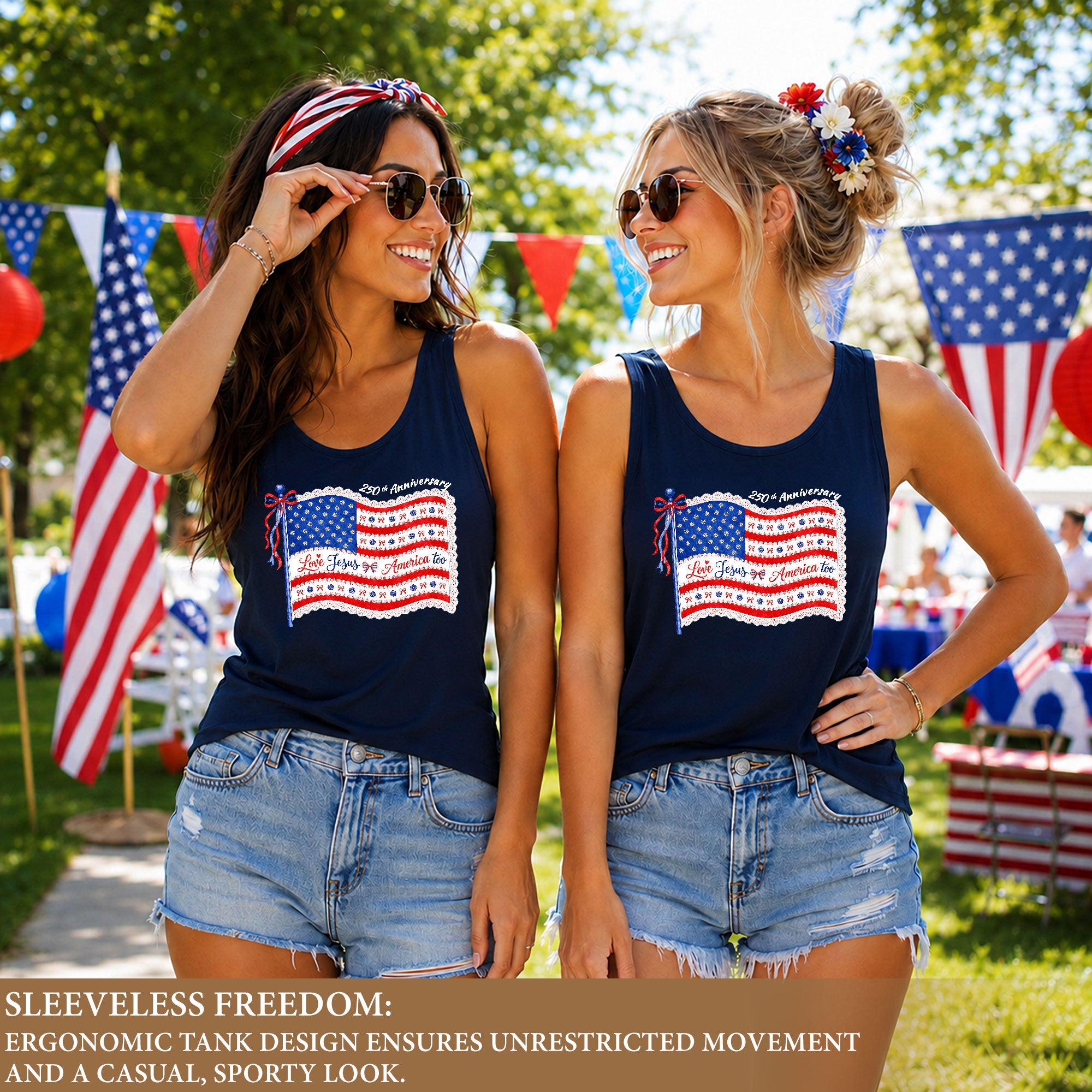 Women's Patriotic Tank Top "Love Jesus & America Too" 250th Anniversary Flag Shirt