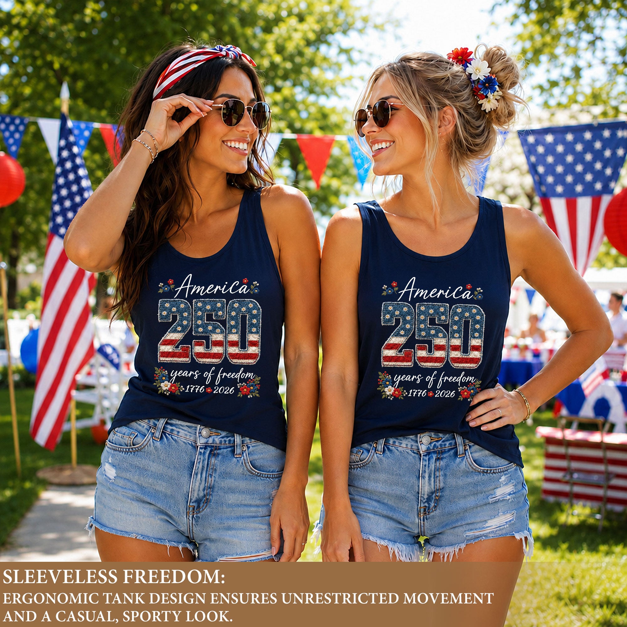 Floral America 250 Years of Freedom Tank Top Women's US Anniversary Graphic Shirt