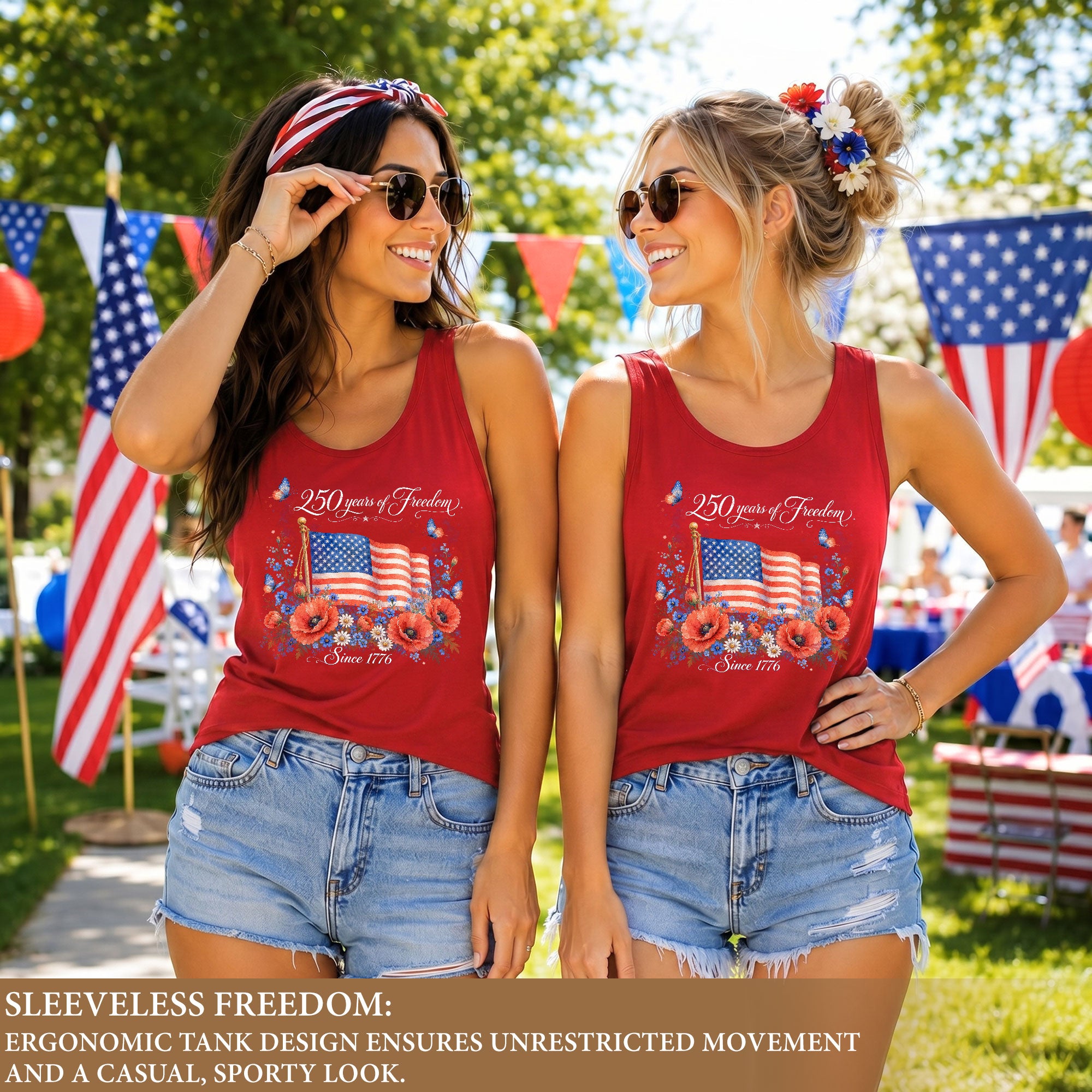 Women's Patriotic Tank Top 250 Years of Freedom Floral US Flag 1776 Graphic Shirt