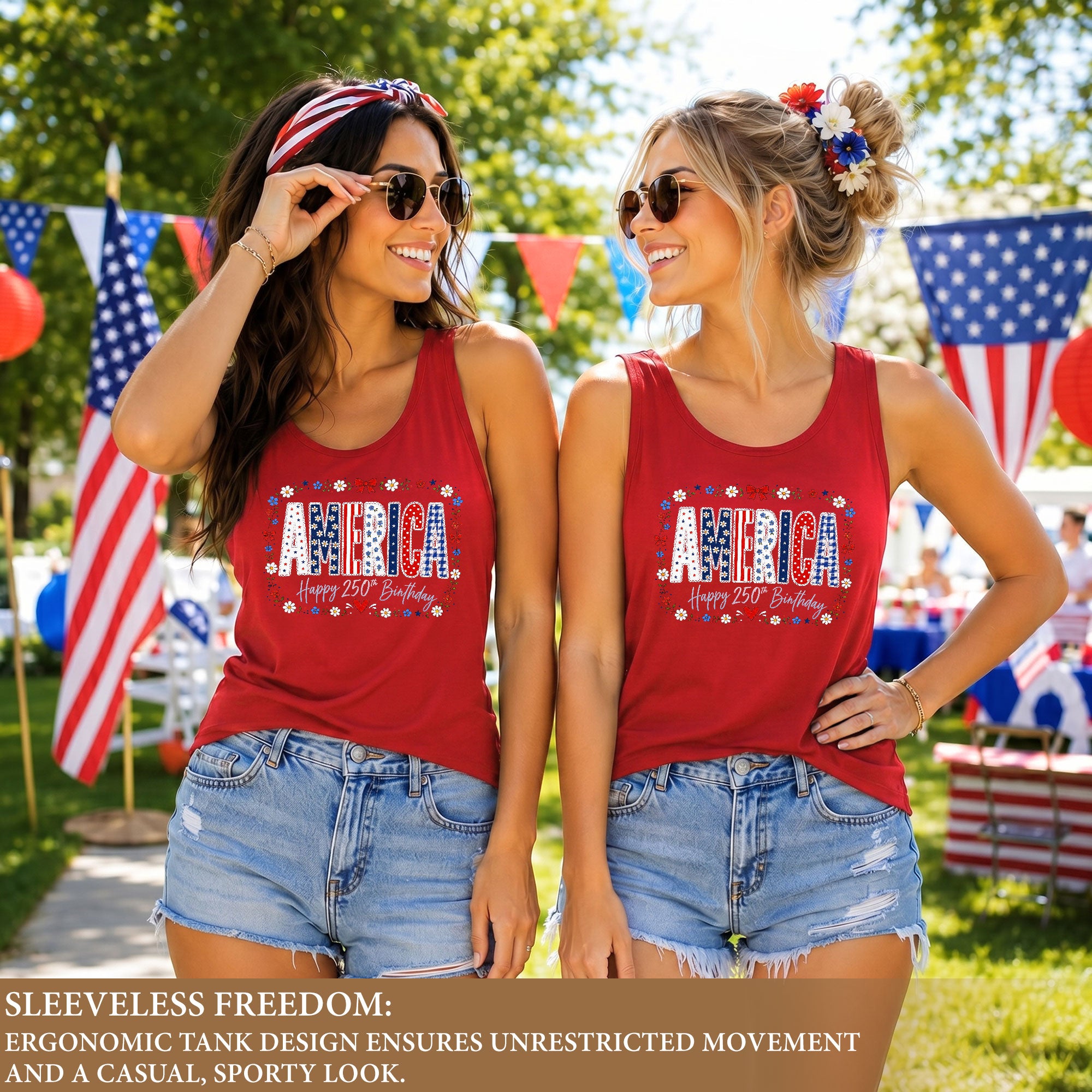 Women's Patriotic Tank Top America Happy 250th Birthday Floral Graphic Summer Shirt