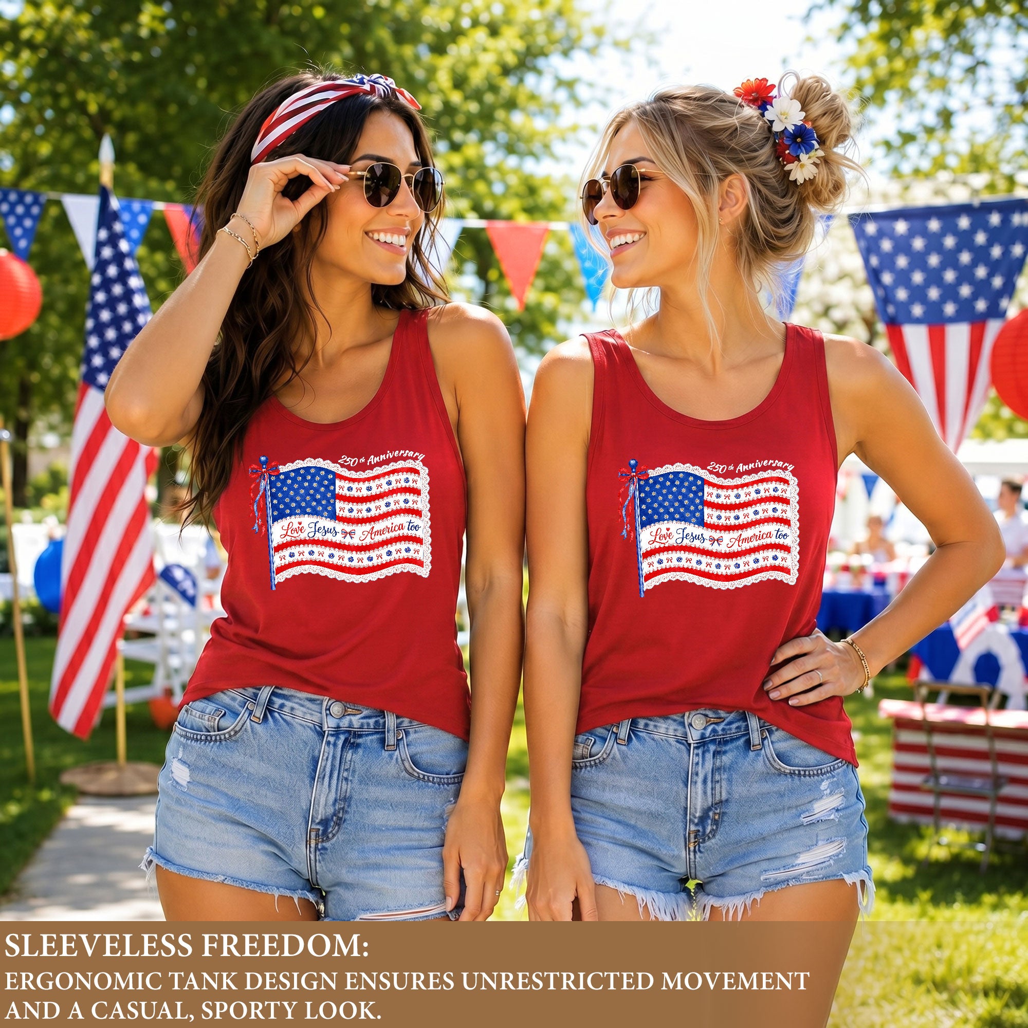 Women's Patriotic Tank Top "Love Jesus & America Too" 250th Anniversary Flag Shirt