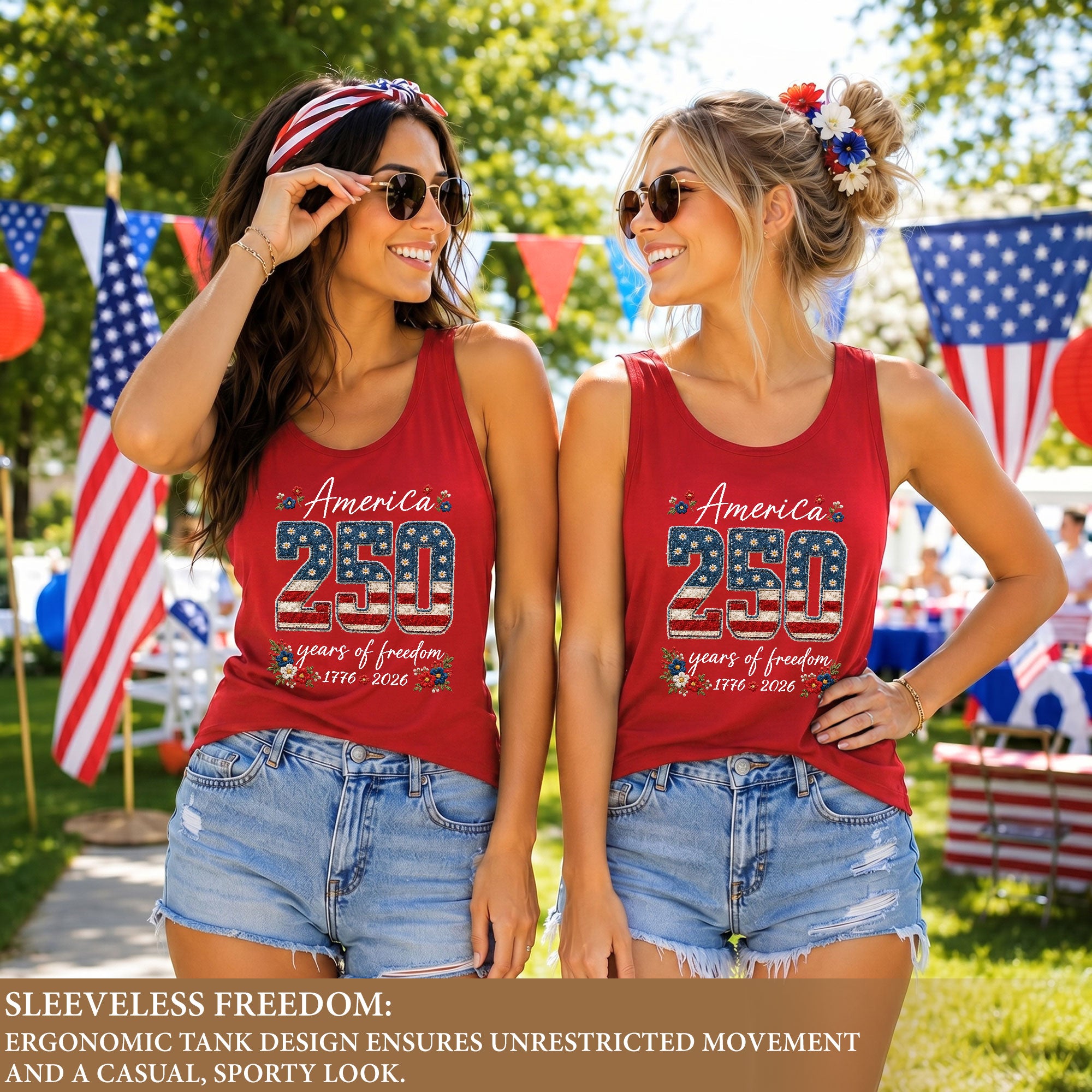 Floral America 250 Years of Freedom Tank Top Women's US Anniversary Graphic Shirt