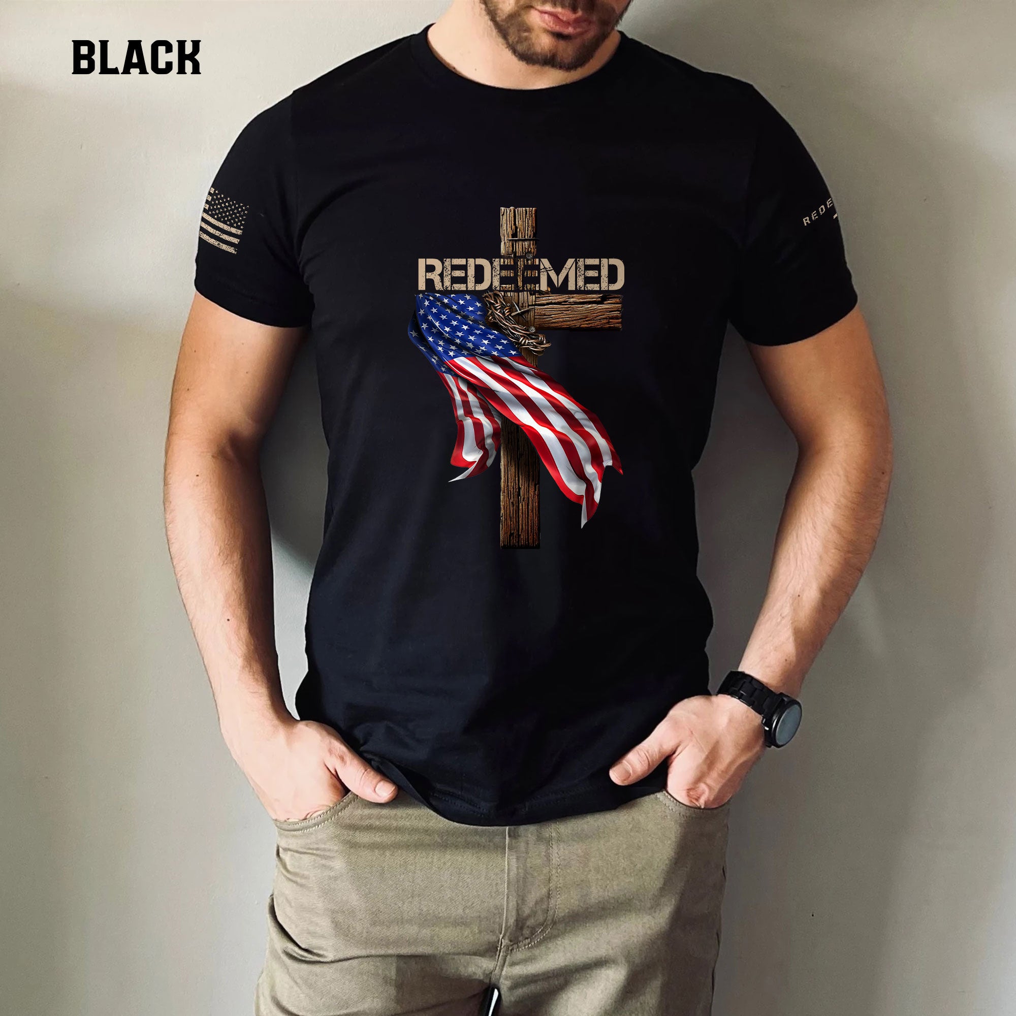 Redeemed by Christ T-Shirt – American Flag Cross